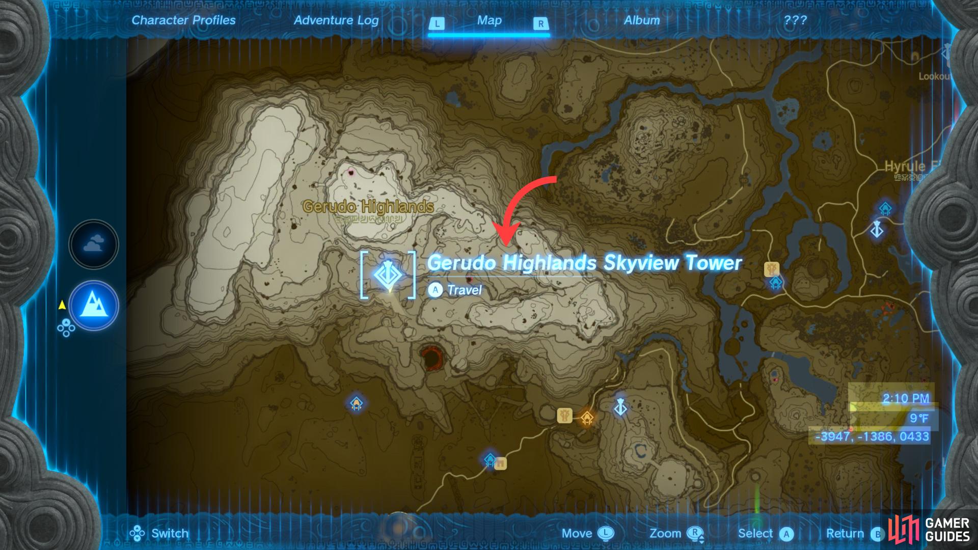 The Gerudo Highlands Skyview Tower is located along the south-center of the inhospitable Gerudo Highlands subregion. Scaling from the northeast and looking for sky stones might be the best way to reach your destination.