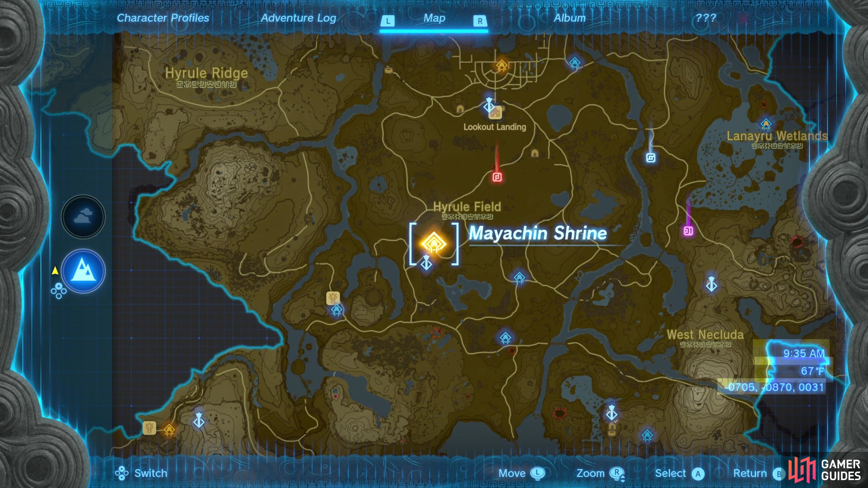 Mayachin Shrine can be found in the southwestern edge of Central Hyrule, near Hyrule Field Skyview Tower.