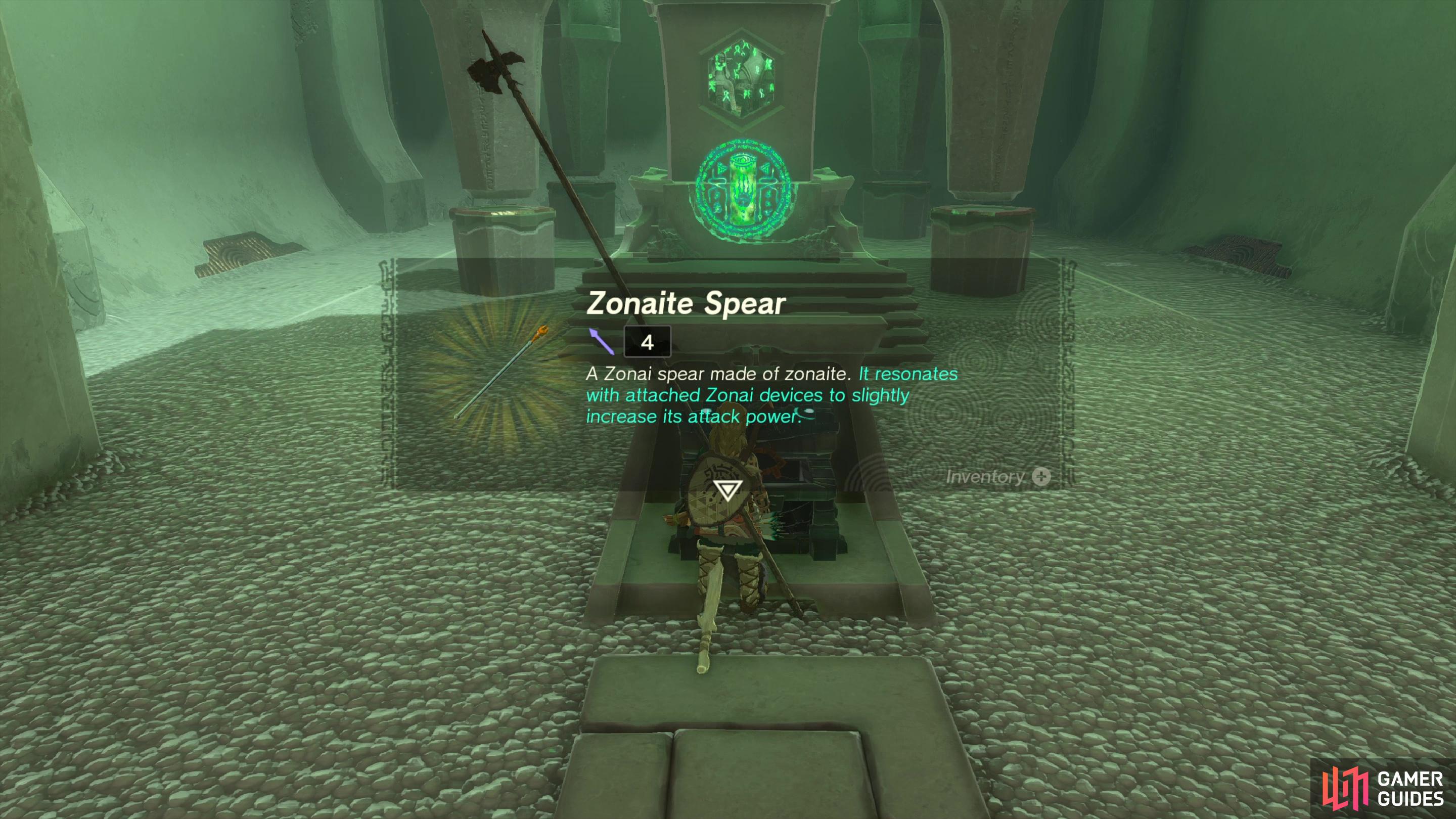 Along with the standard Light of Blessing, you’ll obtain a Zonaite Spear for completing this shrine.