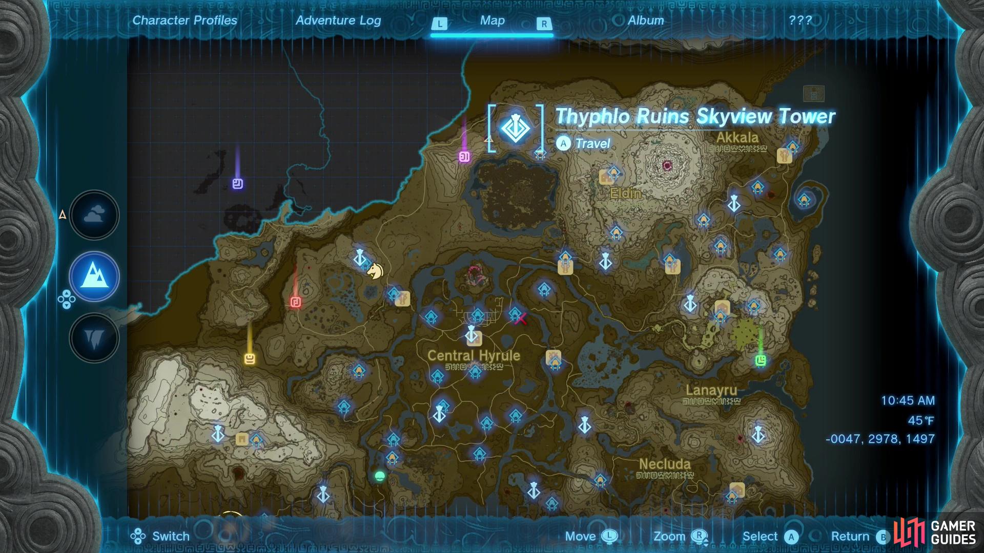 The Thyphlo Ruins Skyview Tower can be found along the northern end of Hyrule, north of the Great Hyrule Forest.
