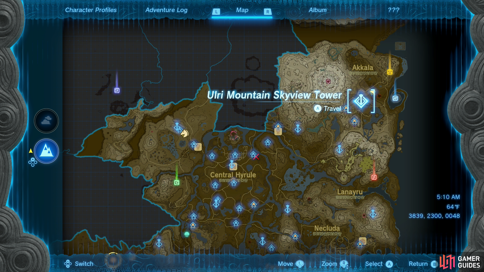 The Ulri Mountain Skyview Tower can be found in the Akkala Highlands region, in the northeastern end of Hyrule.