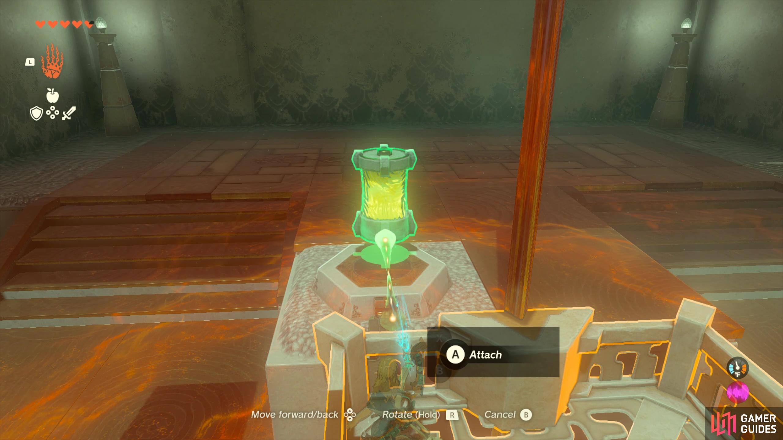 Use the recharged battery to power the platform that’ll take you to the end of the shrine. 