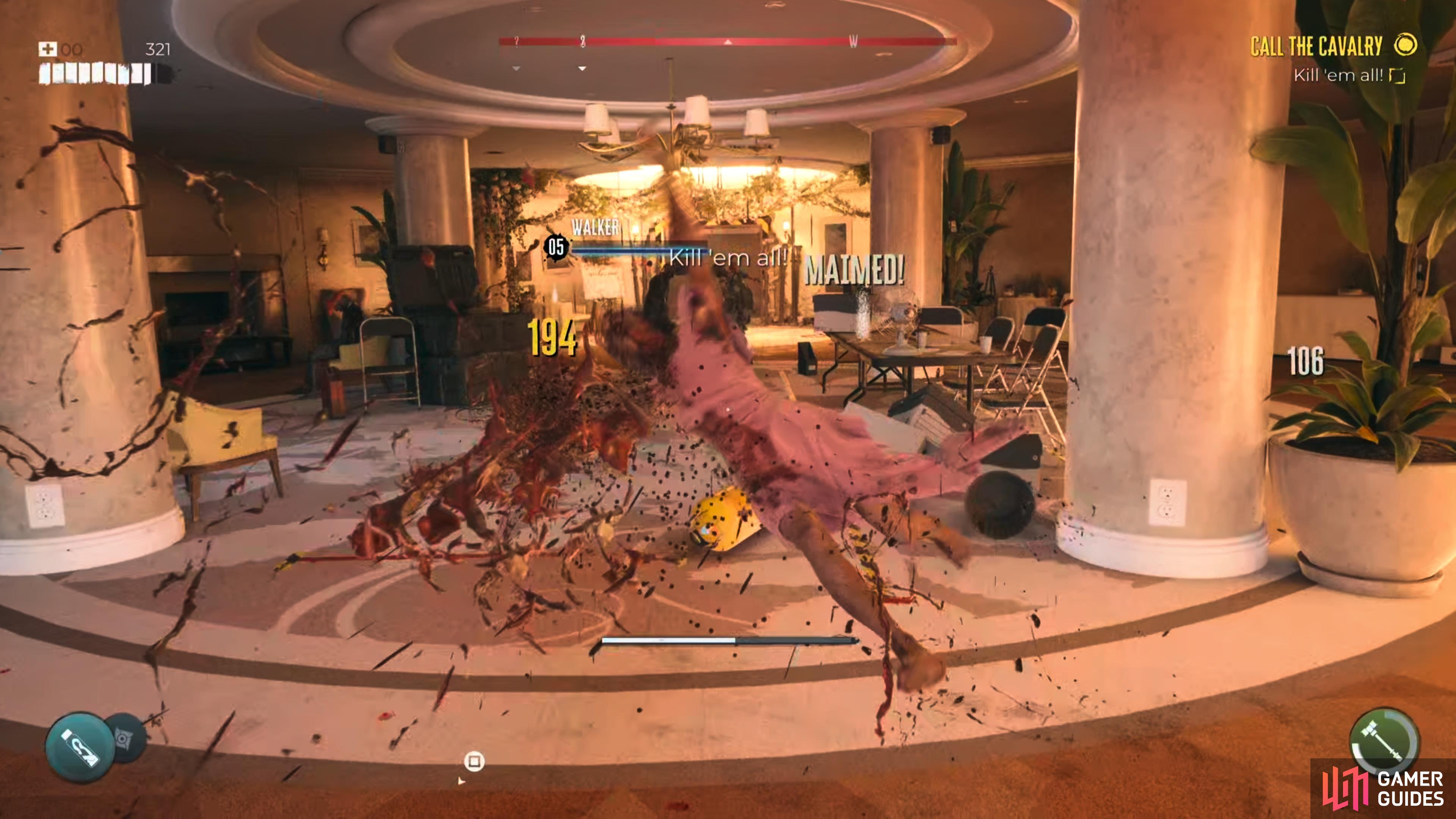 Fighting through the Halperin Hotel Lobby in Dead Island 2.