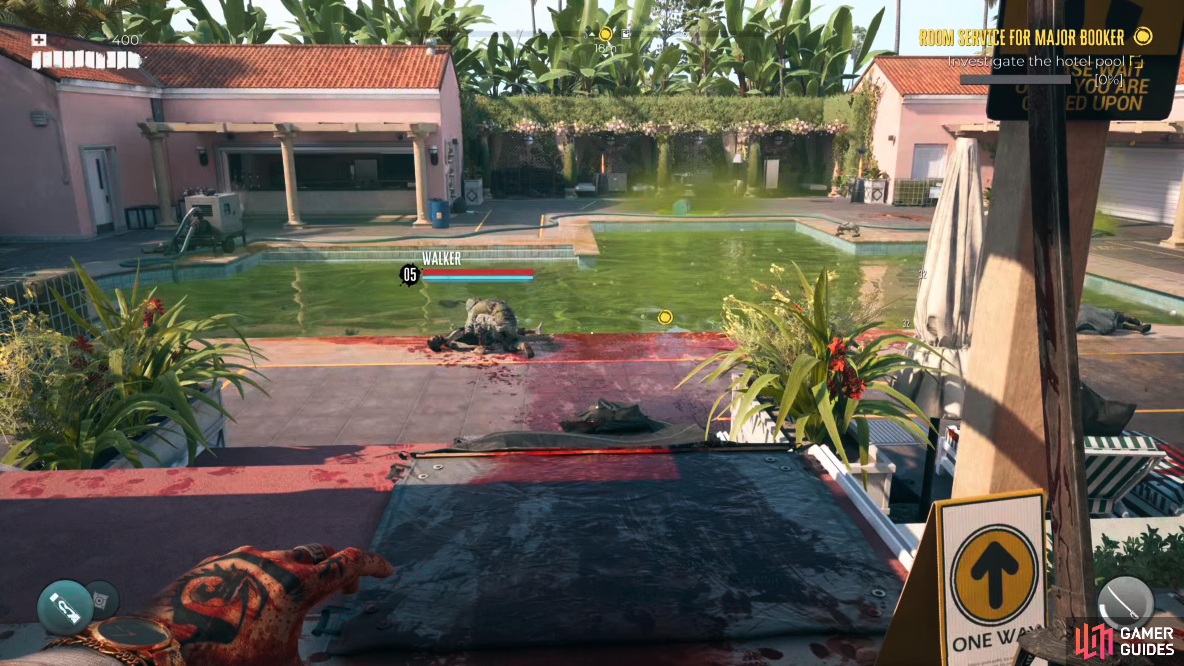The acidic pool at Harlpen Hotel in Dead Island 2.