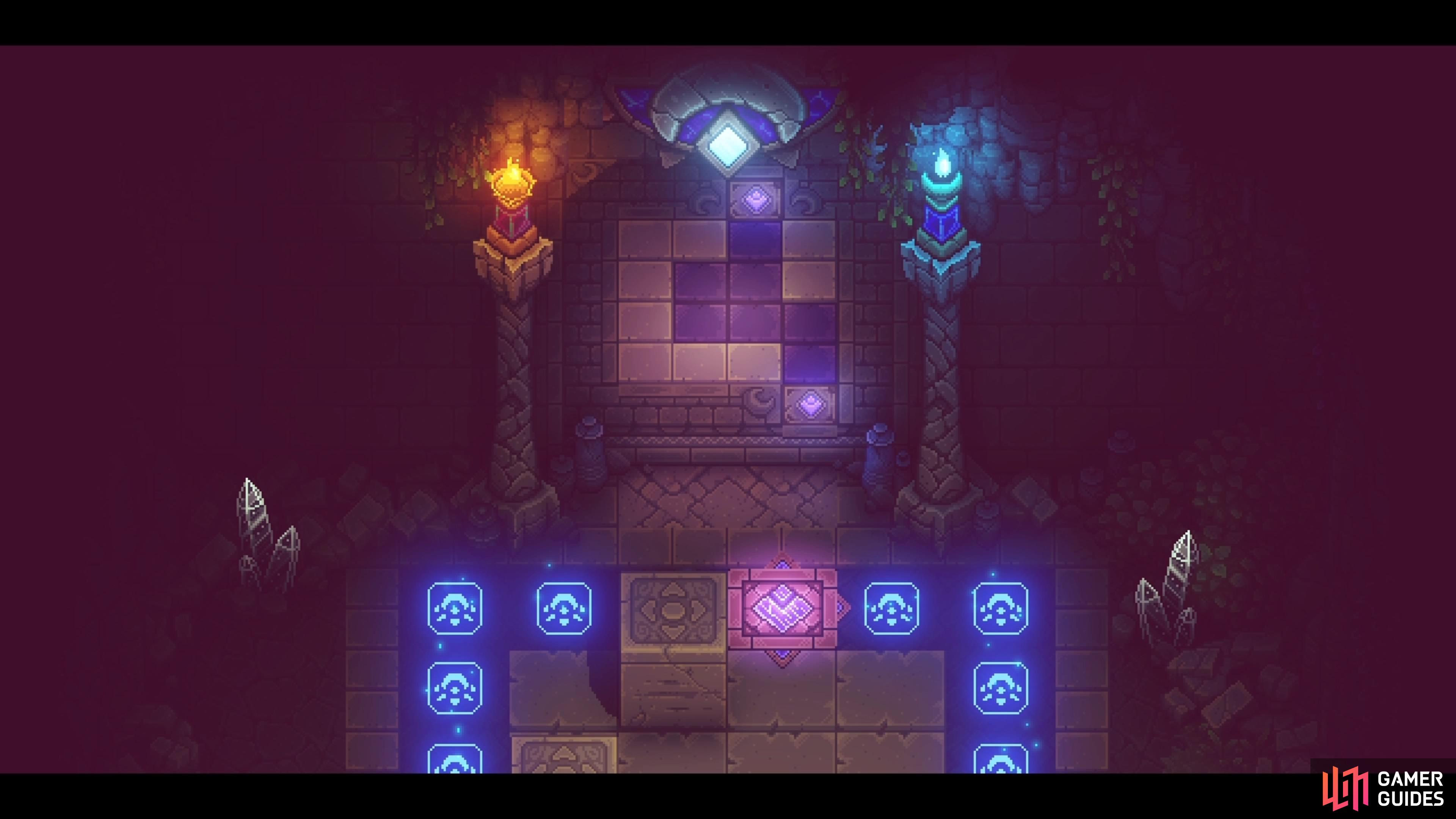 The puzzle in the Solstice Shrine will have you pushing a specific block onto the purple tile.