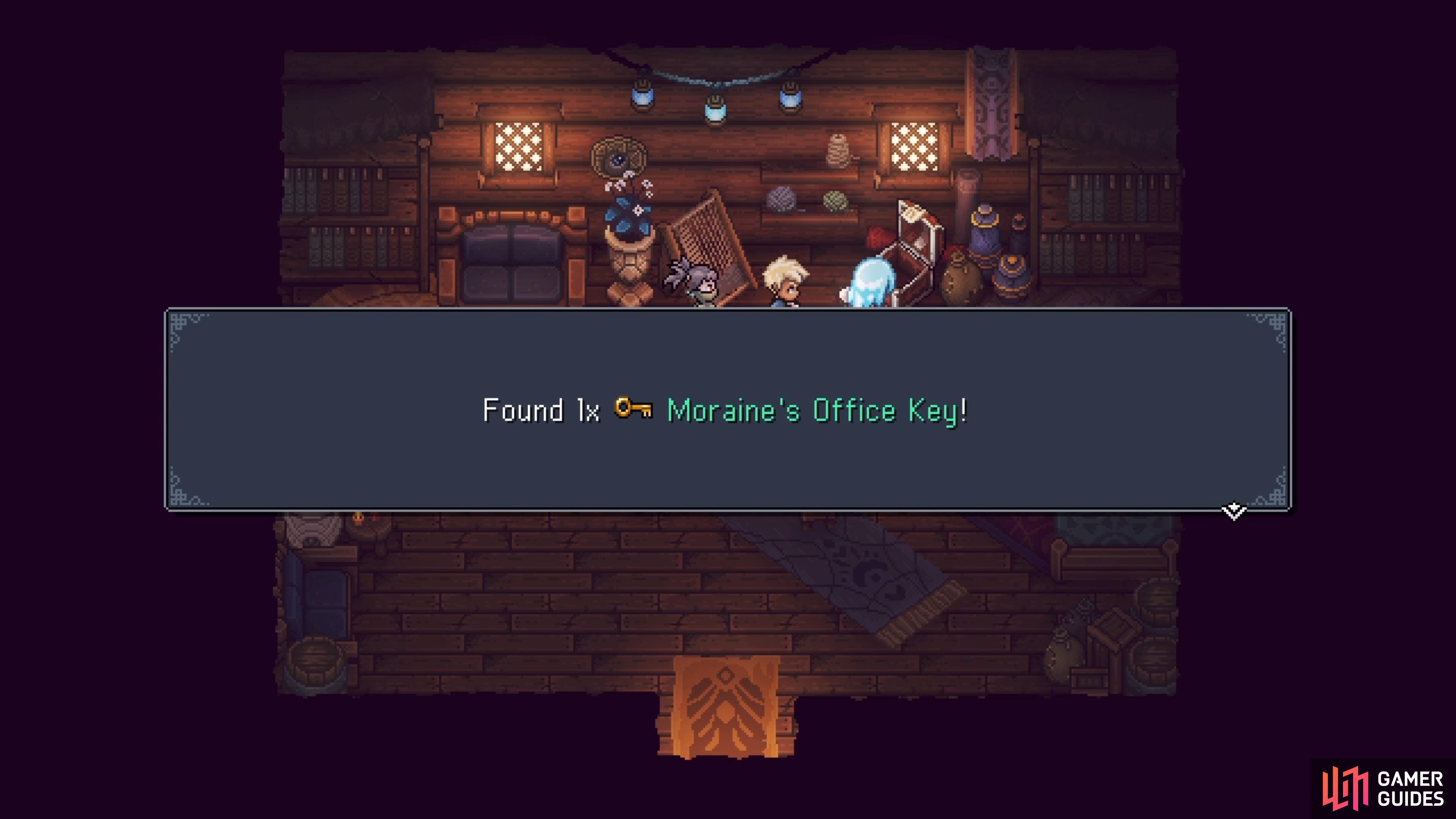 Wait until Moraine's house is built in Mirth, then go inside to loot his Office Key.