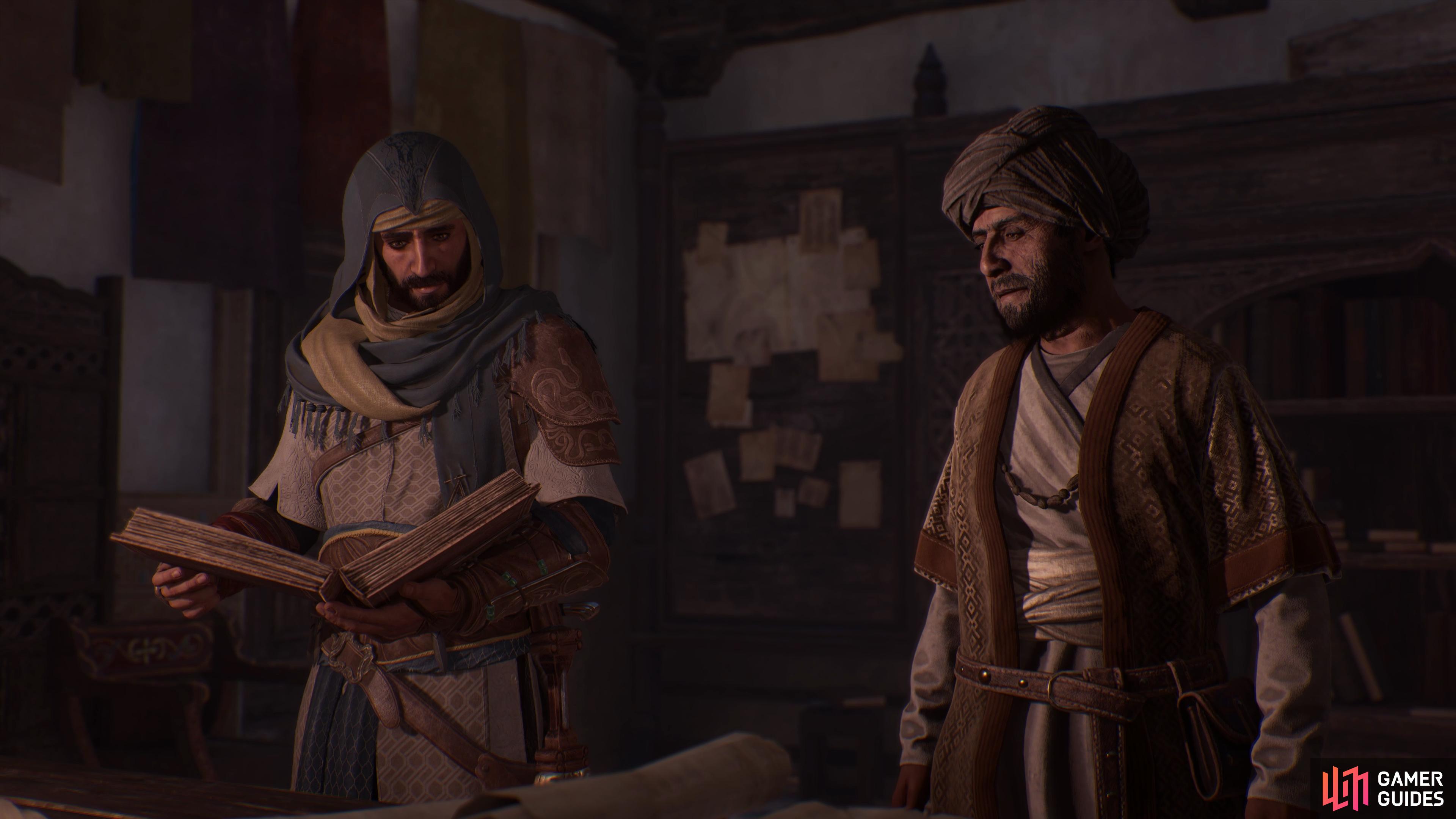The Al-Zarik (Zahra) investigation in Assassin’s Creed Mirage. Pictured: Basim and Hunayn, a notable scholar of the age.