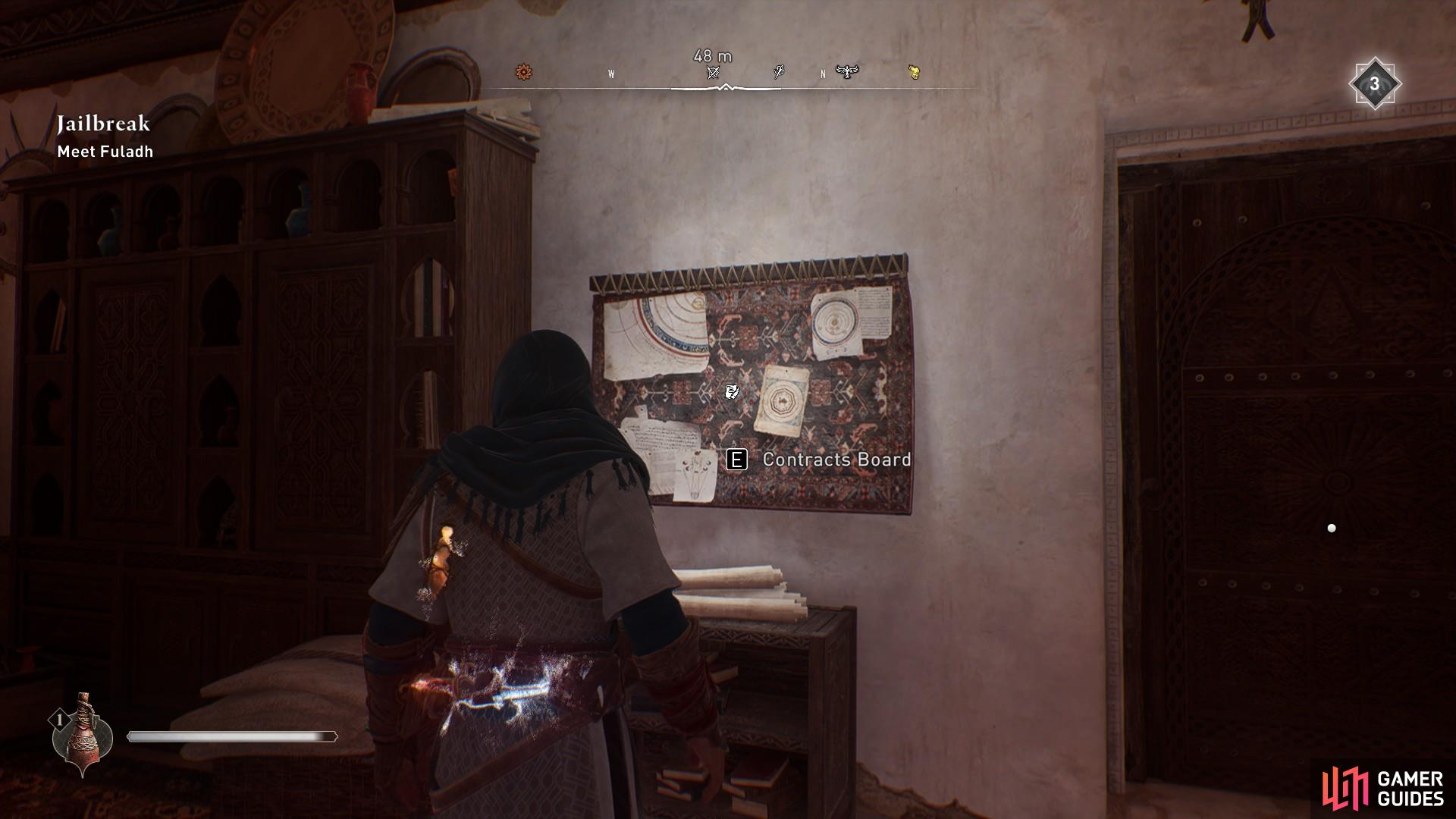 The contract board will be available in the Hidden One's Bureau shortly into the start of the main story.
