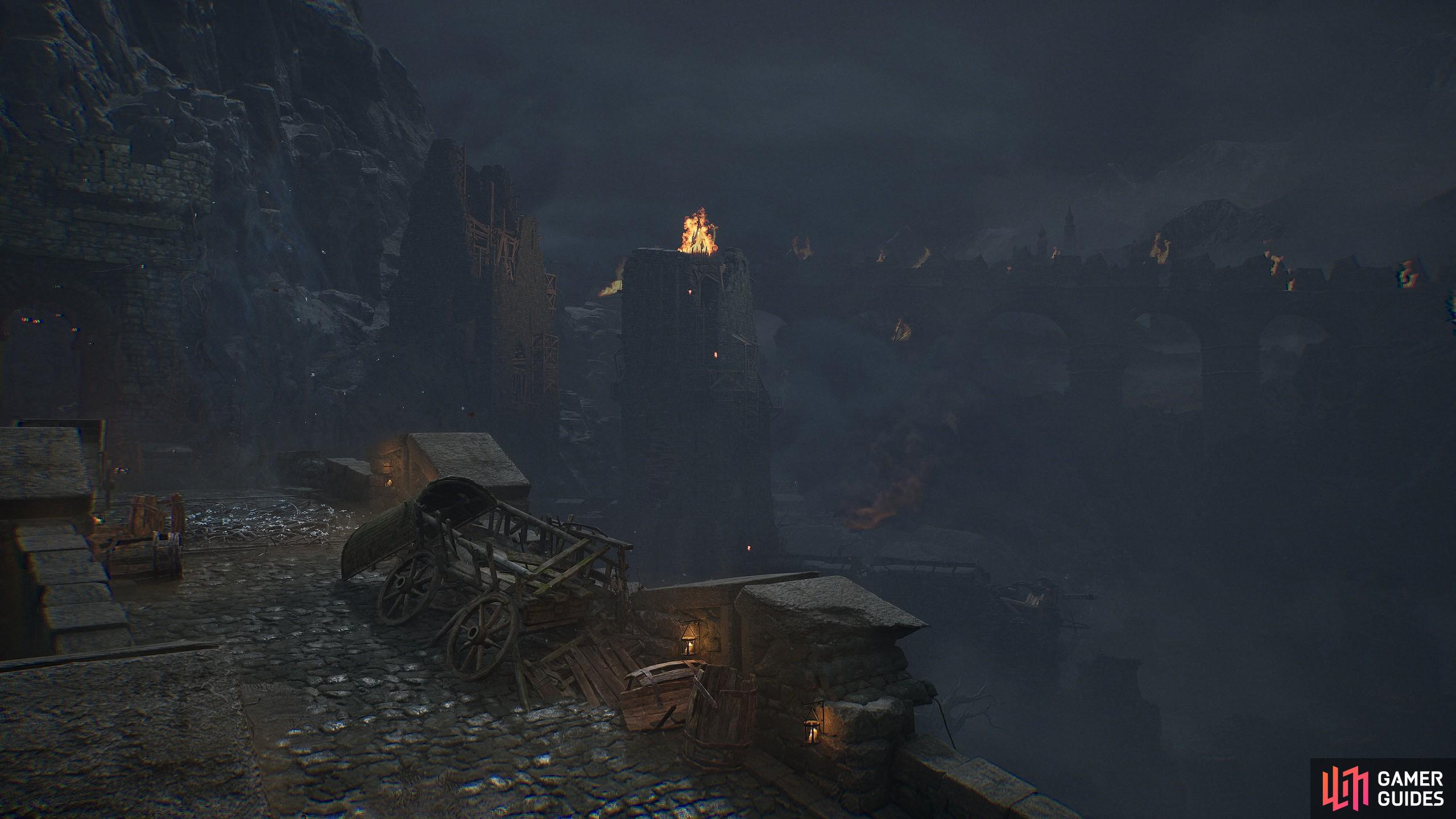The land of mountain passes, and caves hold a few NPCs, optional boss fights,  hidden PvP Shrines, and other interesting side content to find in the ruined garden and tower.