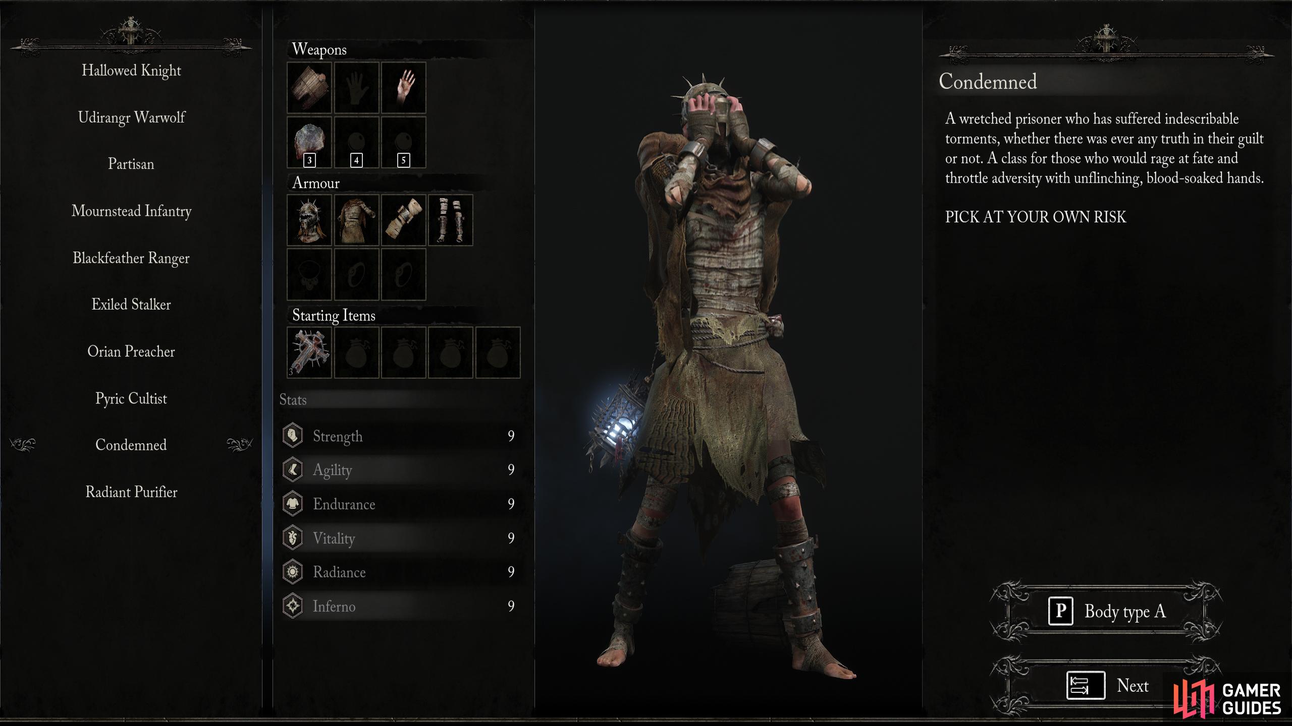 If you want to min/max the build, you’ll want to pick the Condemned class.