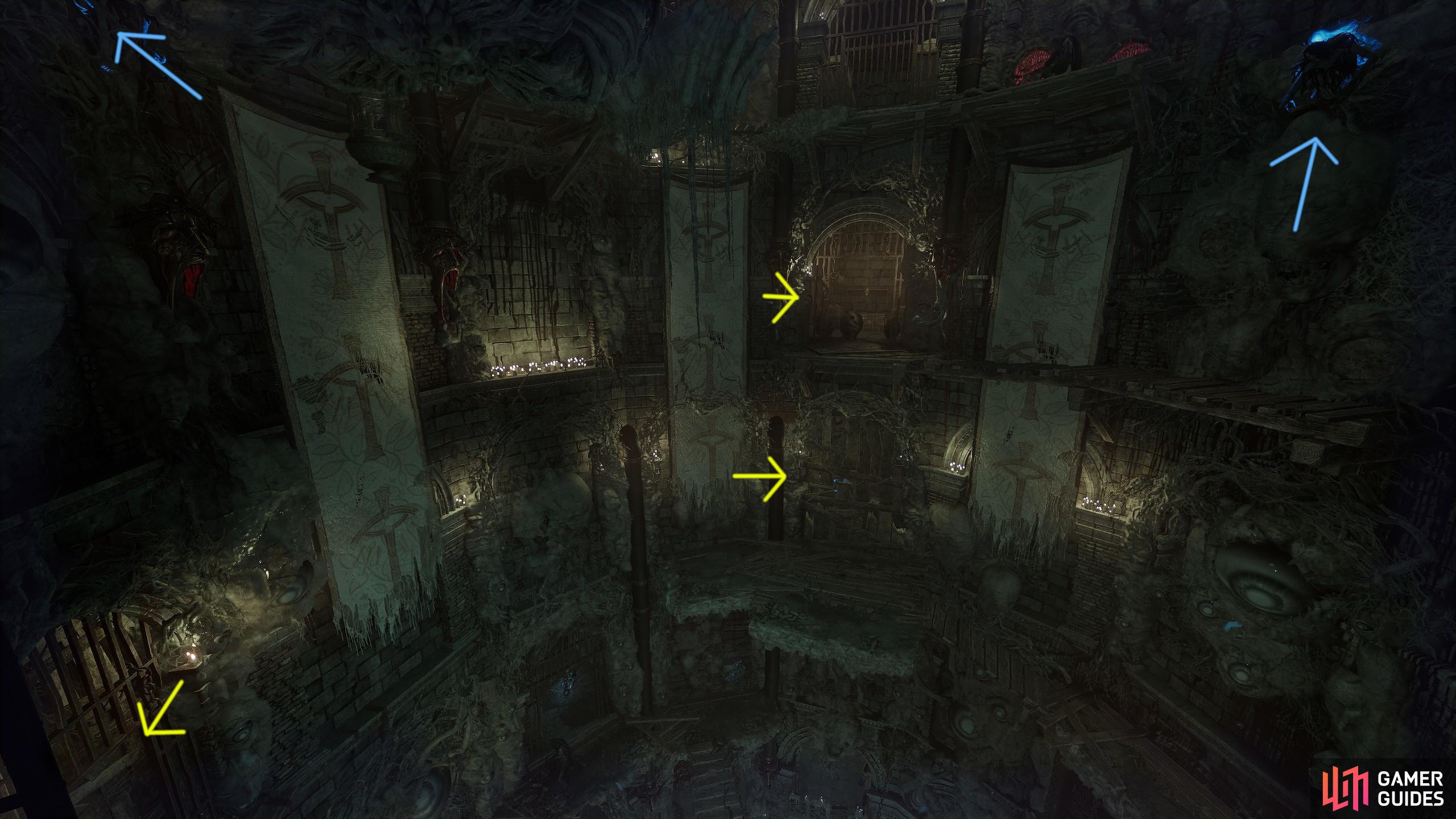 Blue arrows indicate the Soul Flay area that creates optional pathways to loot, and main progress pathways. The Yellow arrows mean multiple rooms requiring multiple journeys to get the loot inside.