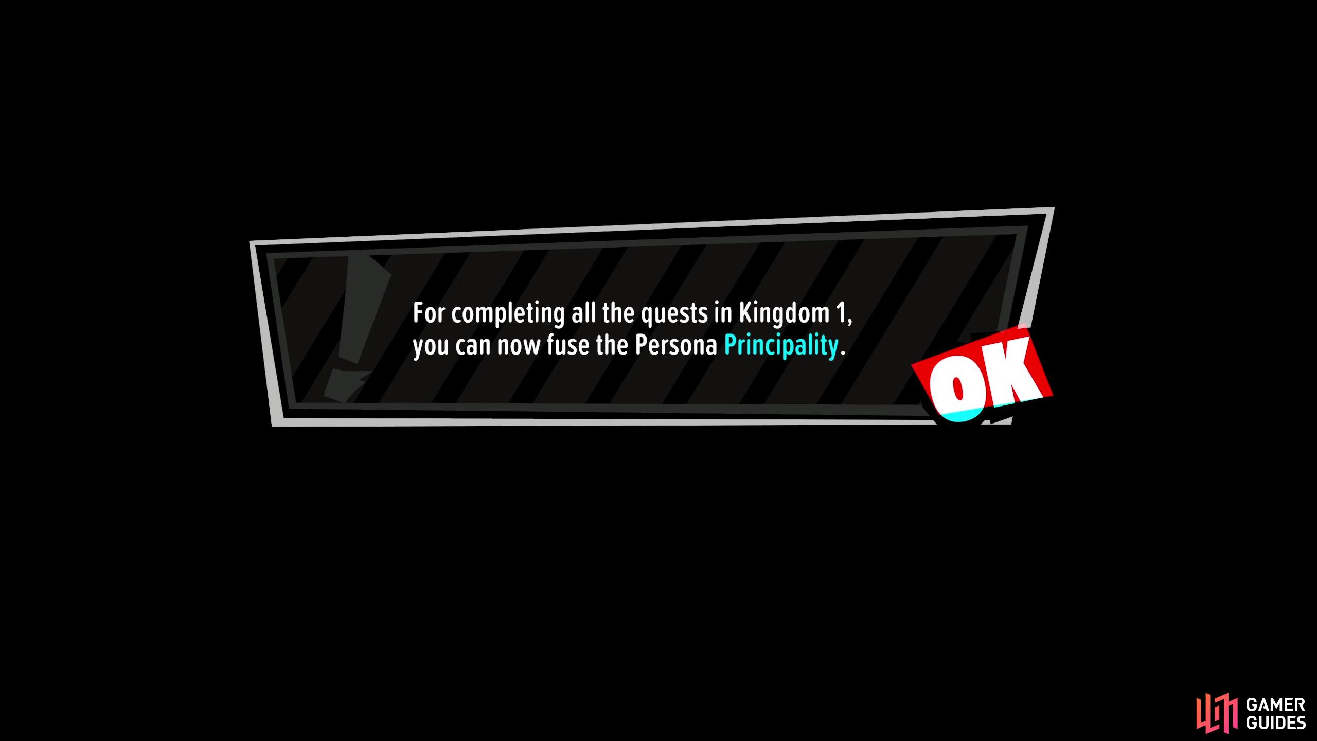 In addition to earning GP for Morgana and Erina, you'll unlock the ability to fuse the Principality persona if you completed all Kingdom 1 quests.
