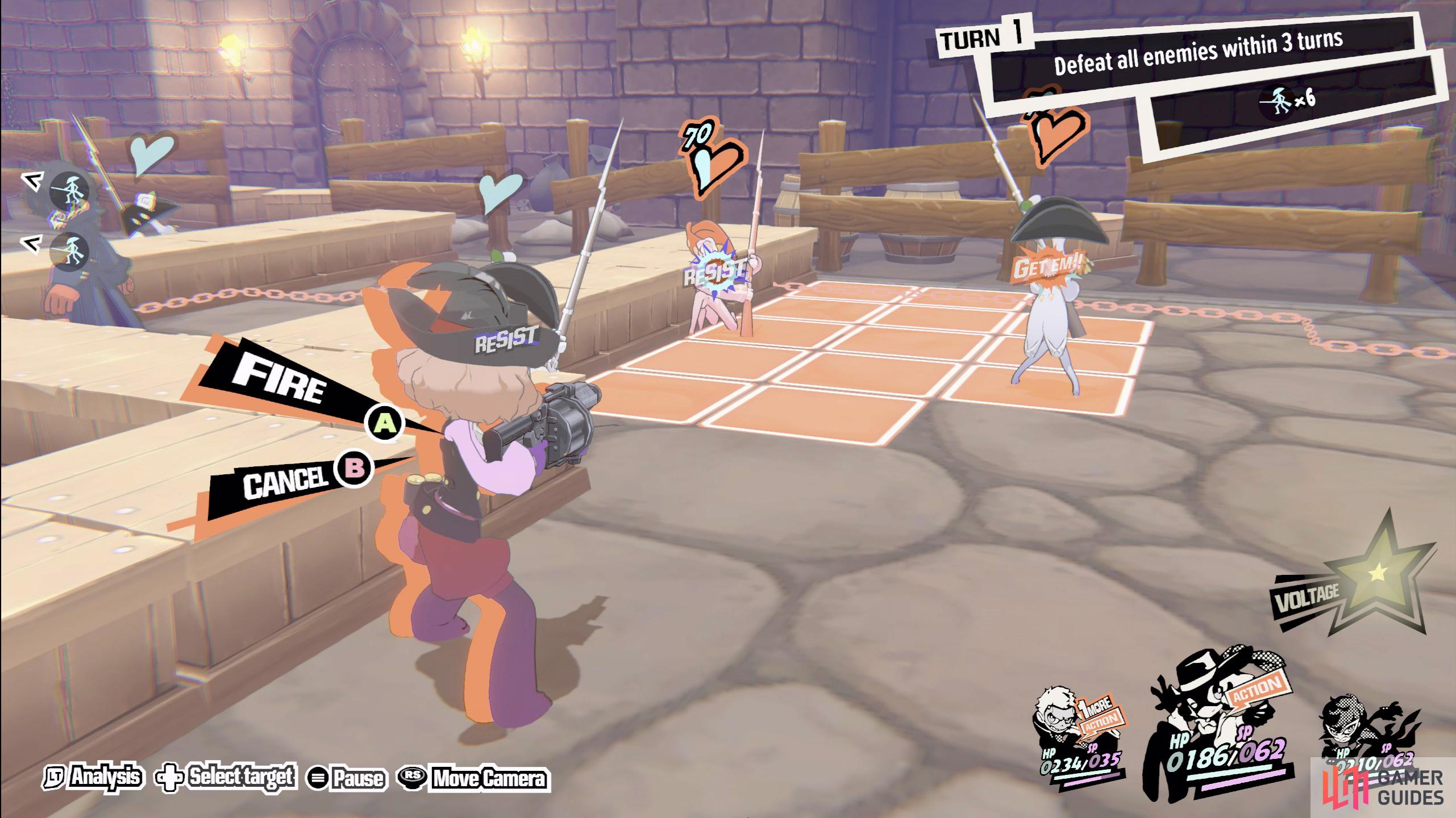 Use Haru's gun to target the two enemies at the back which will give you One-More, and then attack them again to finish at least one off.