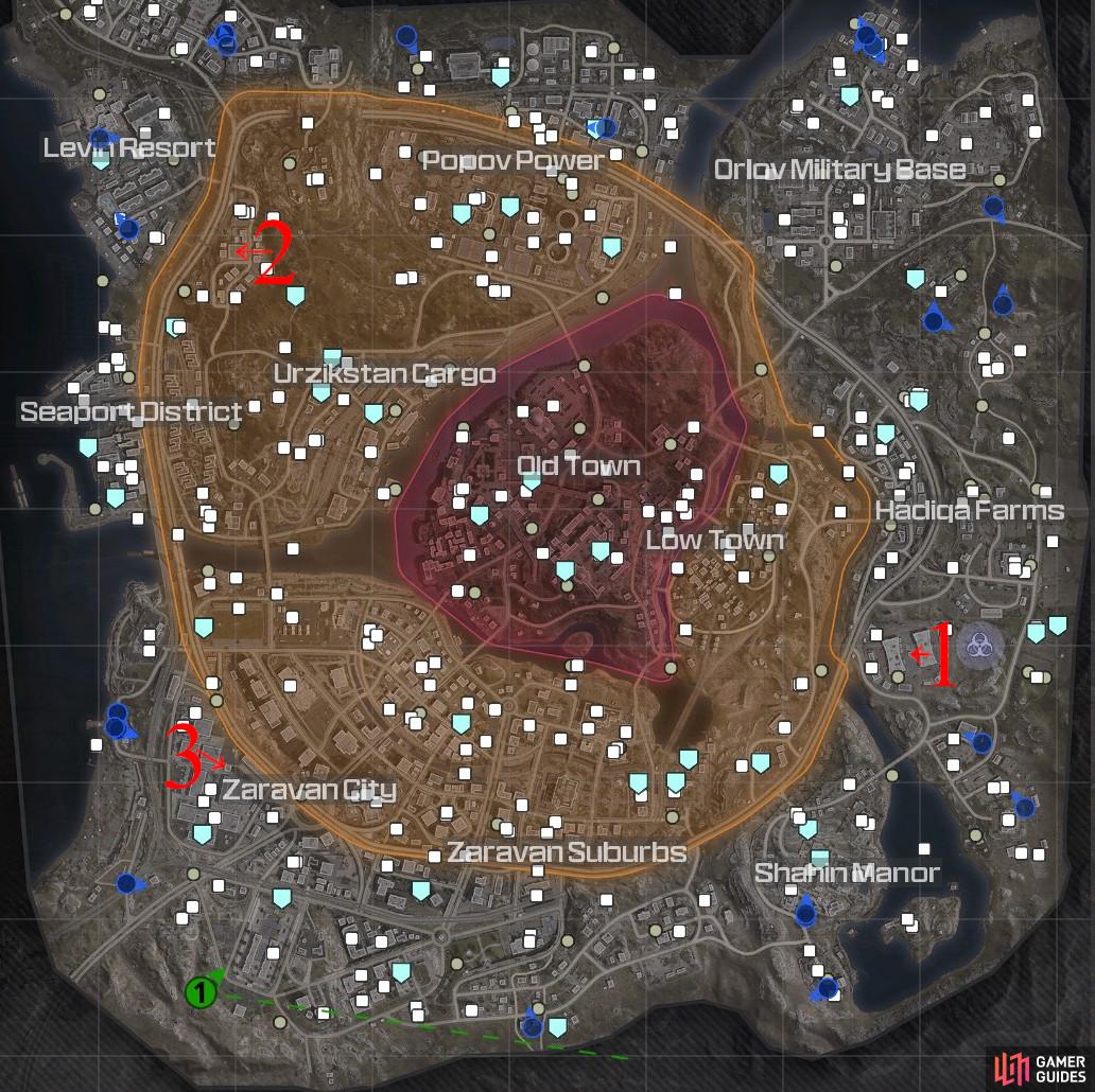 A map detailing the locations of the Essence of Aether objectives in MW3 Zombies mode.