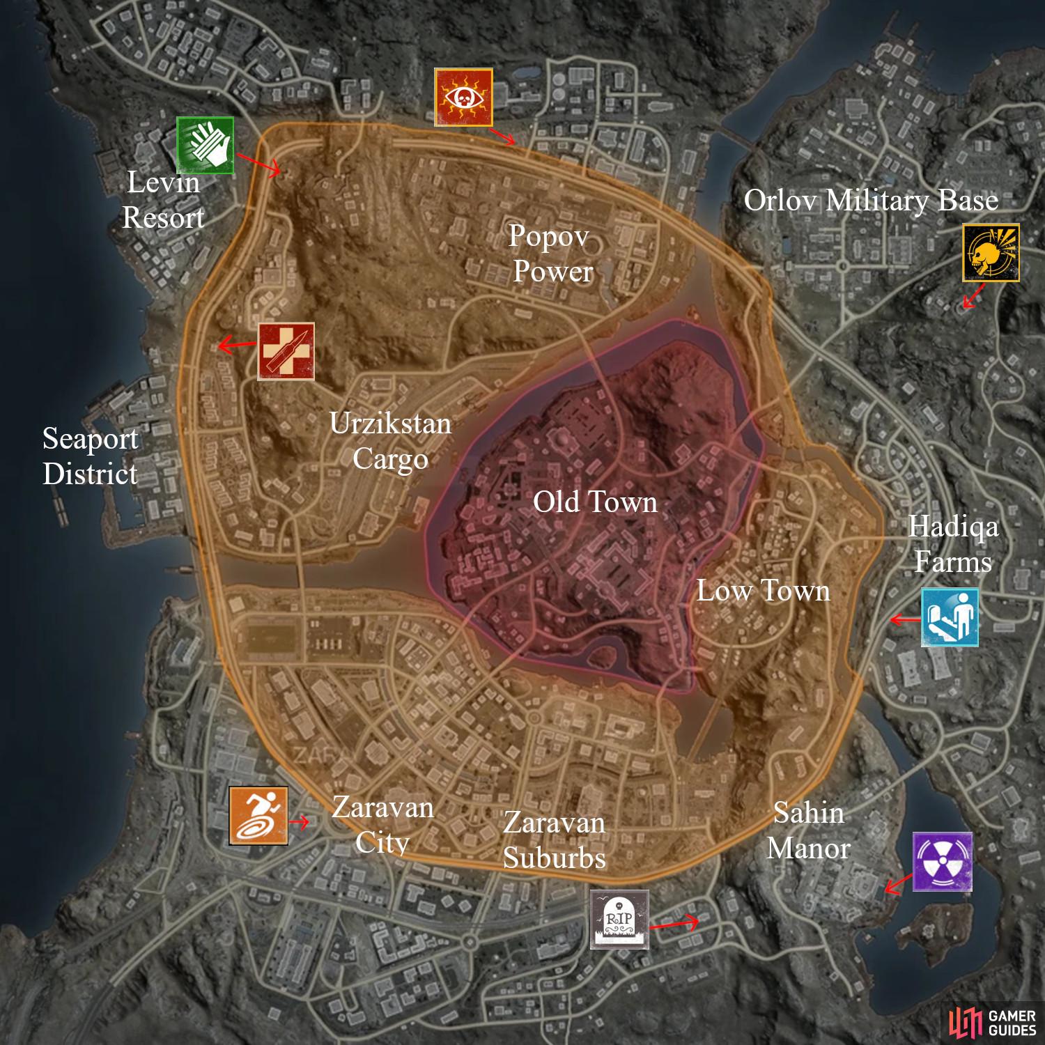 A map featuring the locations all known MW3 Zombies Easter Egg locations.