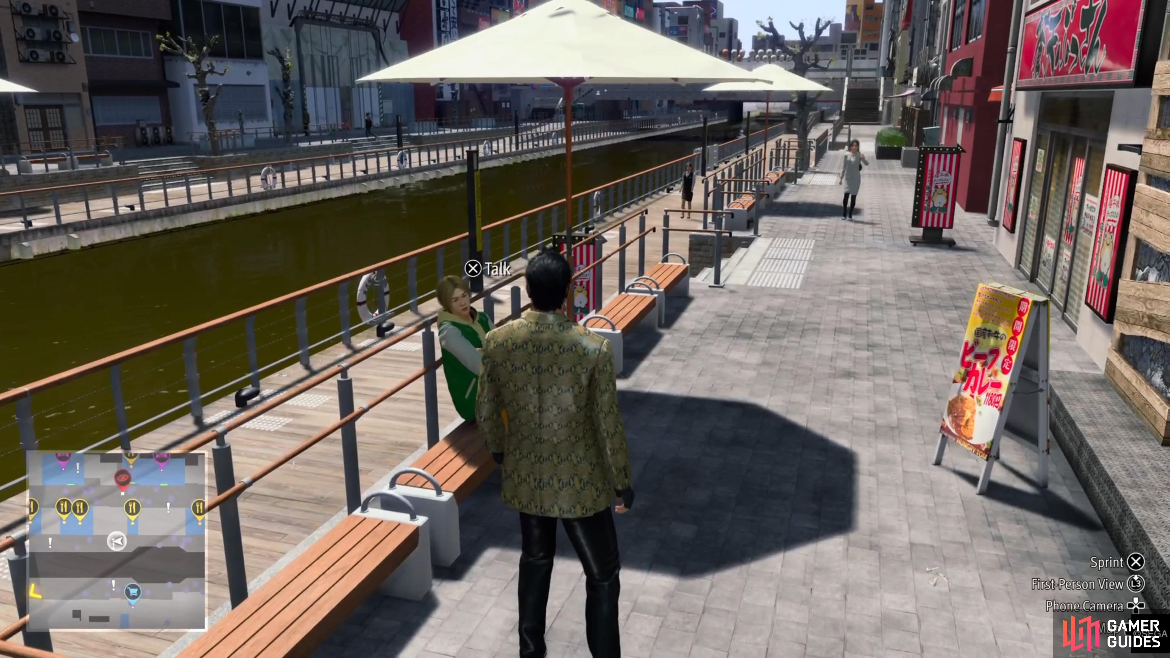The NPC sitting on the bench will give you a Stroll n' Patrol quest.