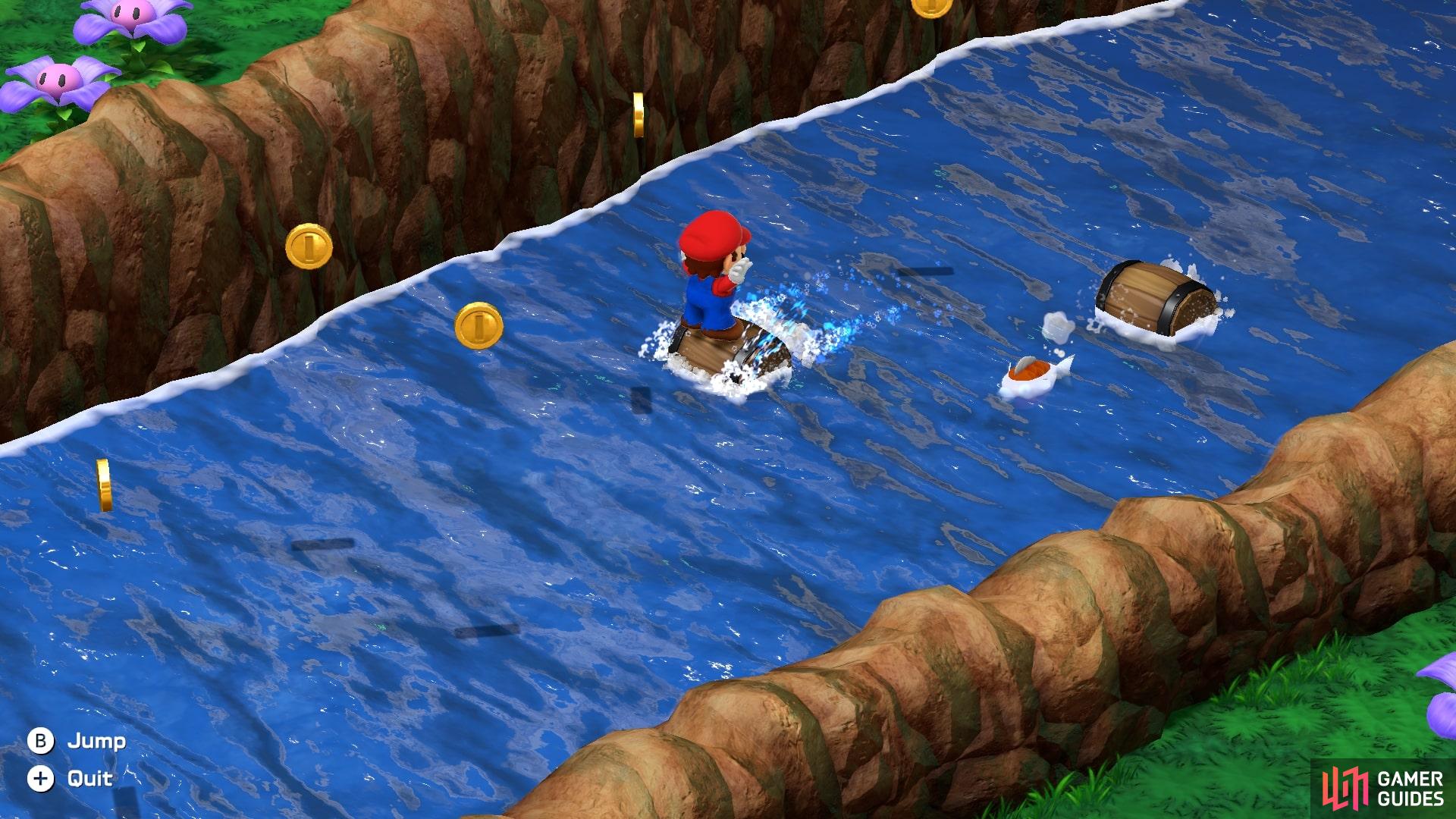 Be sure to jump over the fish, and change course if one is attacking Mario from behind.
