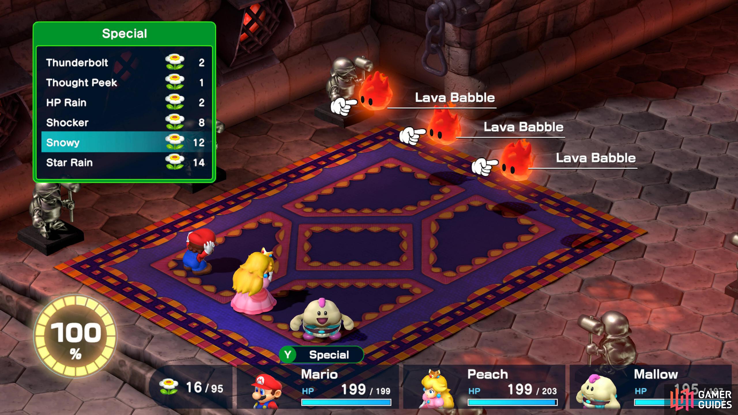 Battle Course 1 - Room 3 - Battle 1: The first fight in Room 3 is against three Lava Babbles.