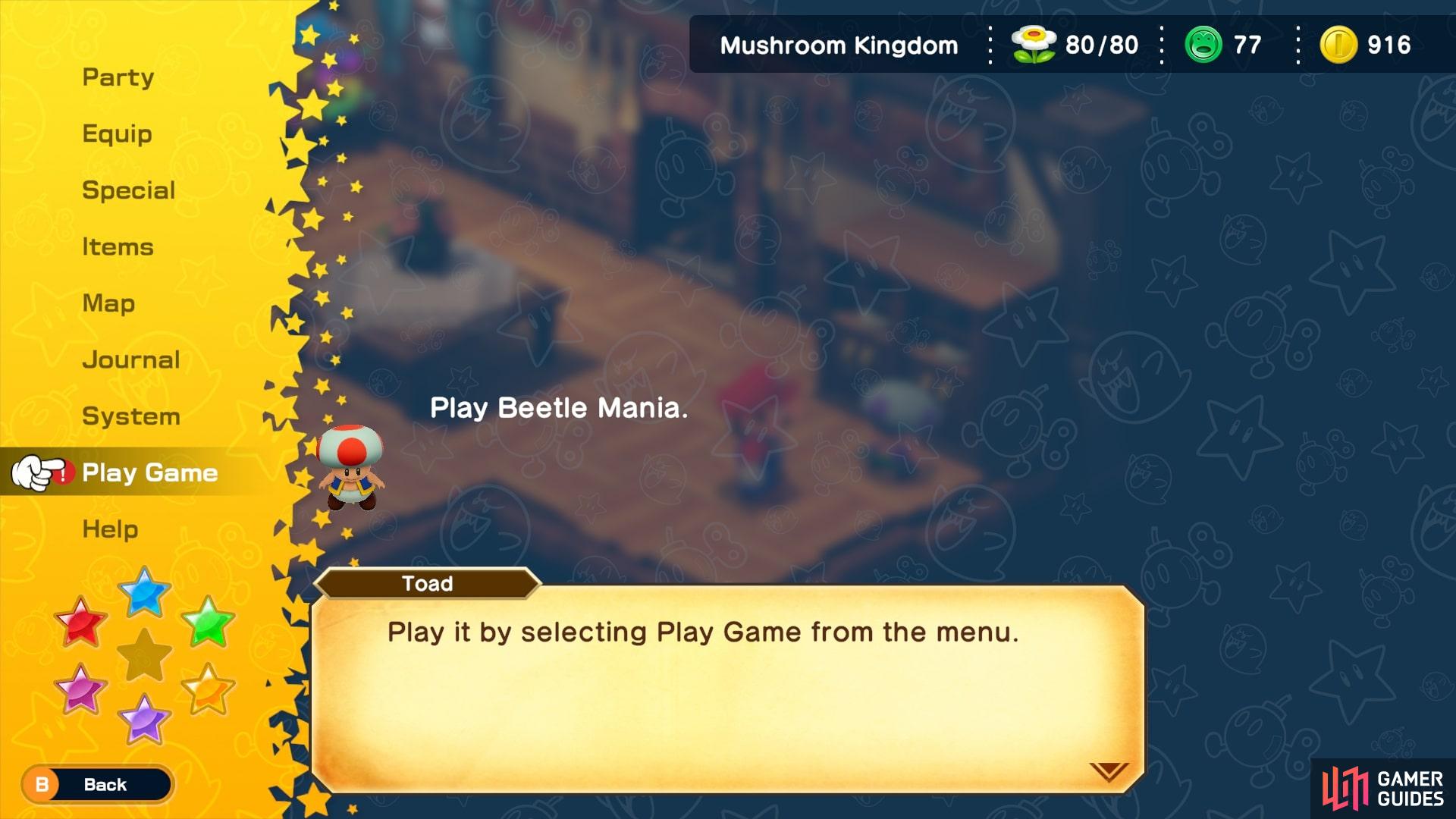 Purchase the Beetle Mania game from the NPC in the Mushroom Kingdom inn.