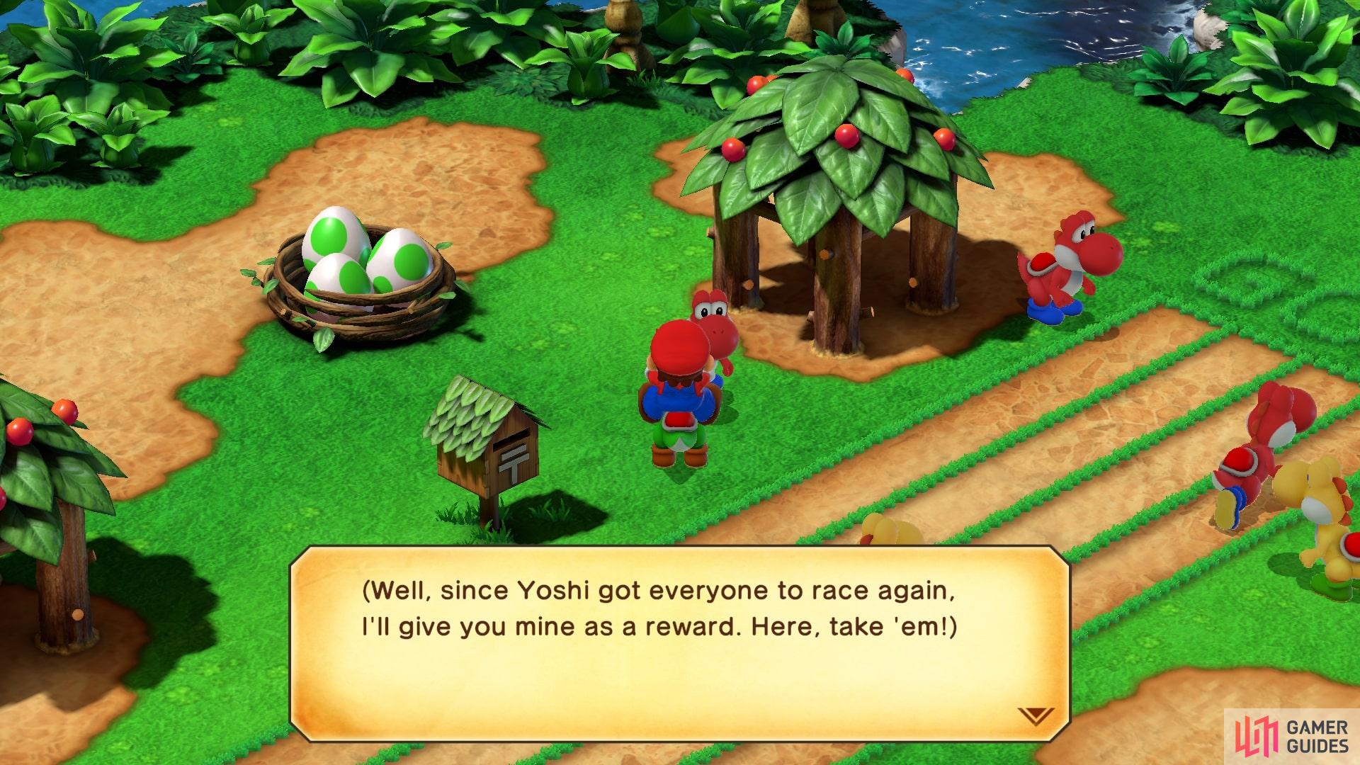 If you run out of Yoshi Cookies, speak to the red yoshi near the mailbox on the left.