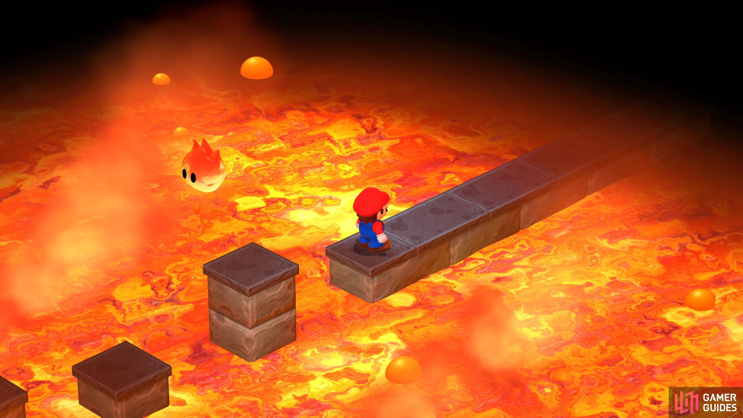 Jump across the gaps in the lava-filled room and exit the other side.