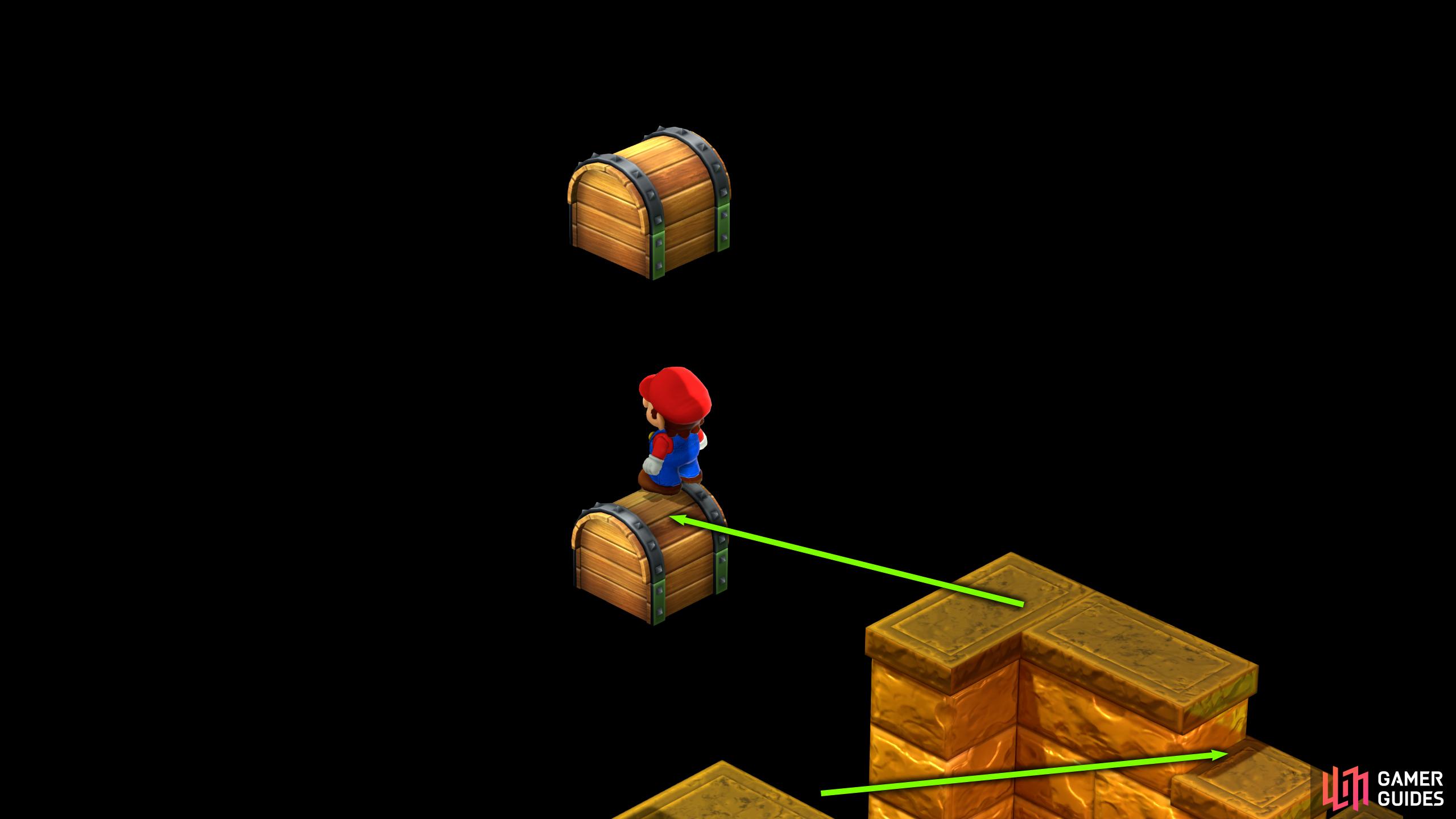 Hidden Treasure 1: Use the ledge to the east to jump on the chest. From there, jump in the air for treasure 1.