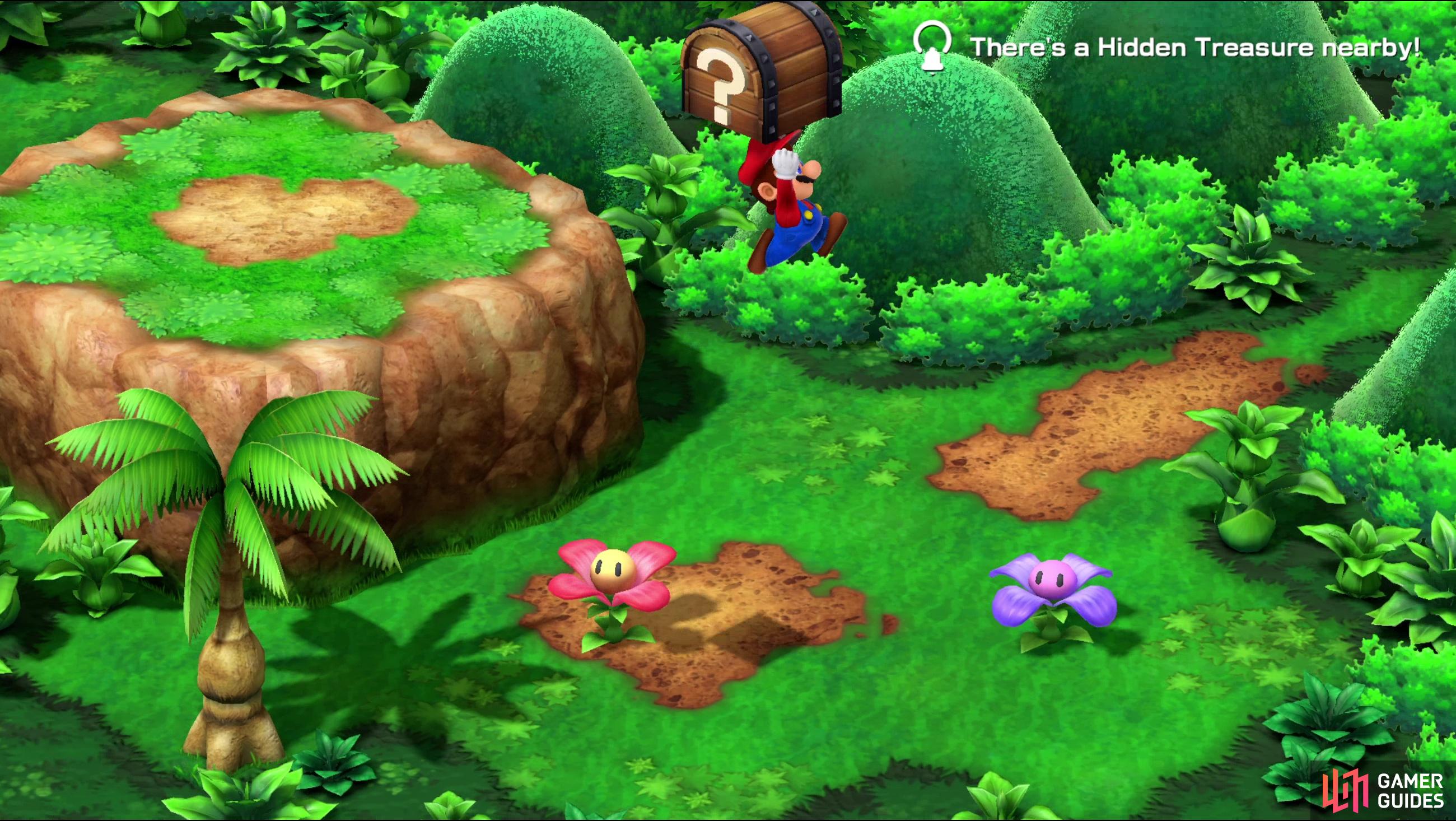 Near the end of the second screen, use a red flower to jump towards a purple flower to get this area's lone Hidden Chest.