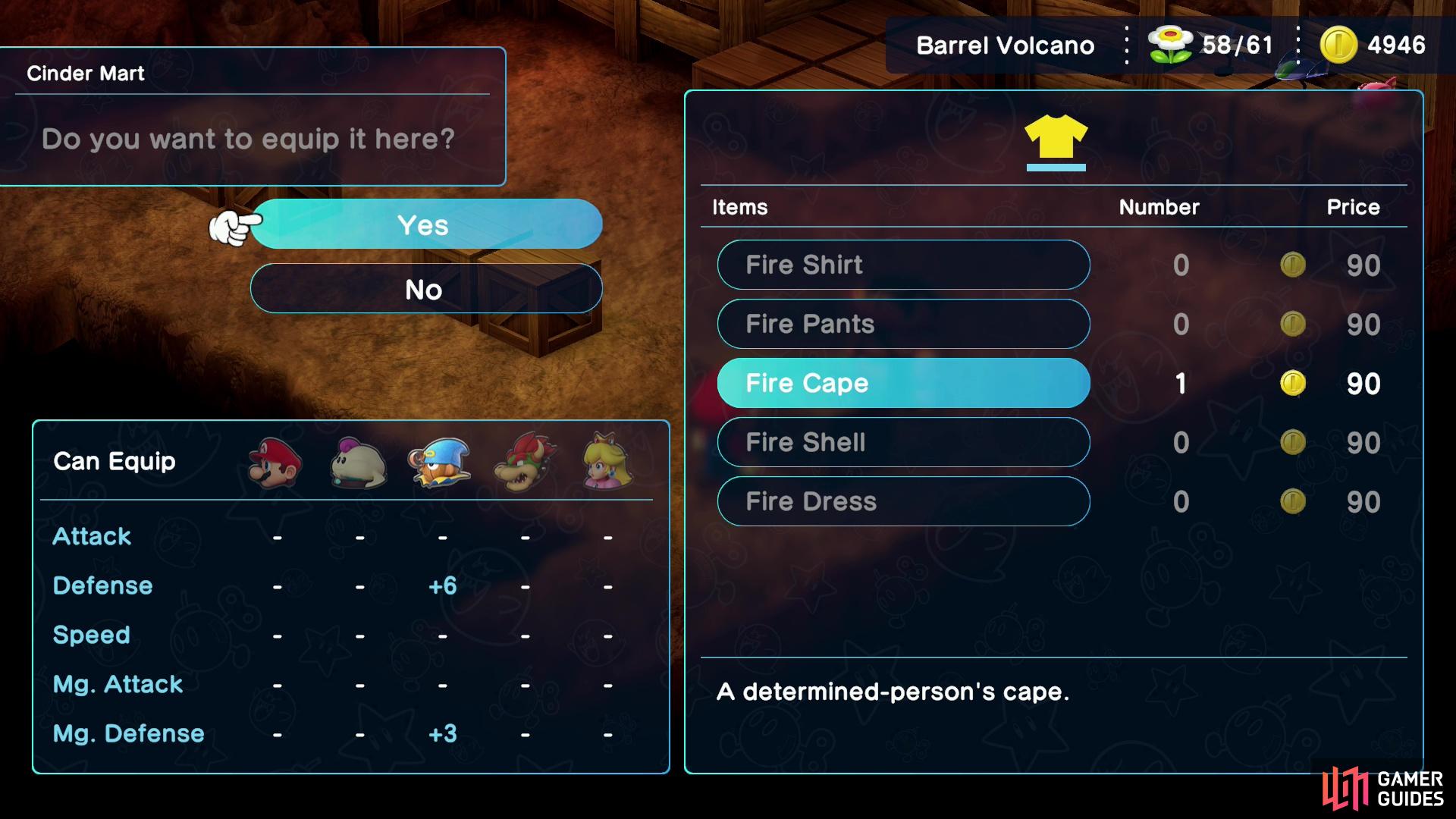 You can purchase new items and armor from Cinder Toad at Cinder Mart.