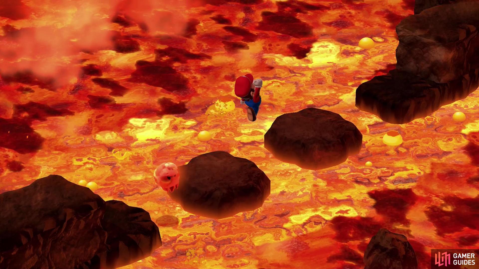 Jump from platform to platform, being wary of Lava Bubble enemies as you go.