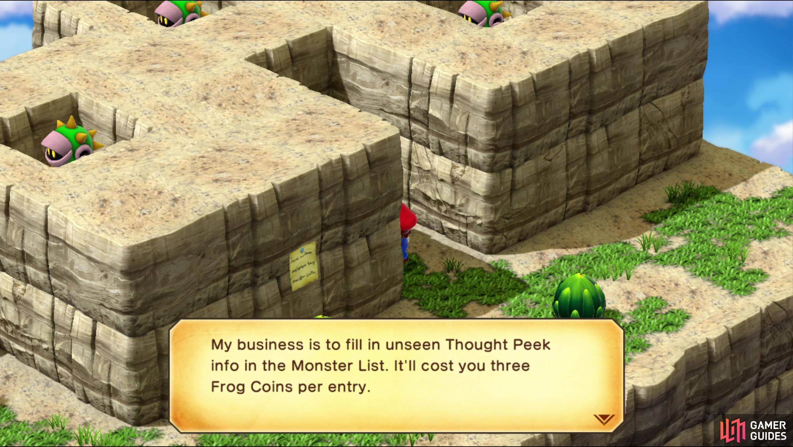 Talk to a hidden character who will offer to fill out your Monster List in exchange for Frog Coins,