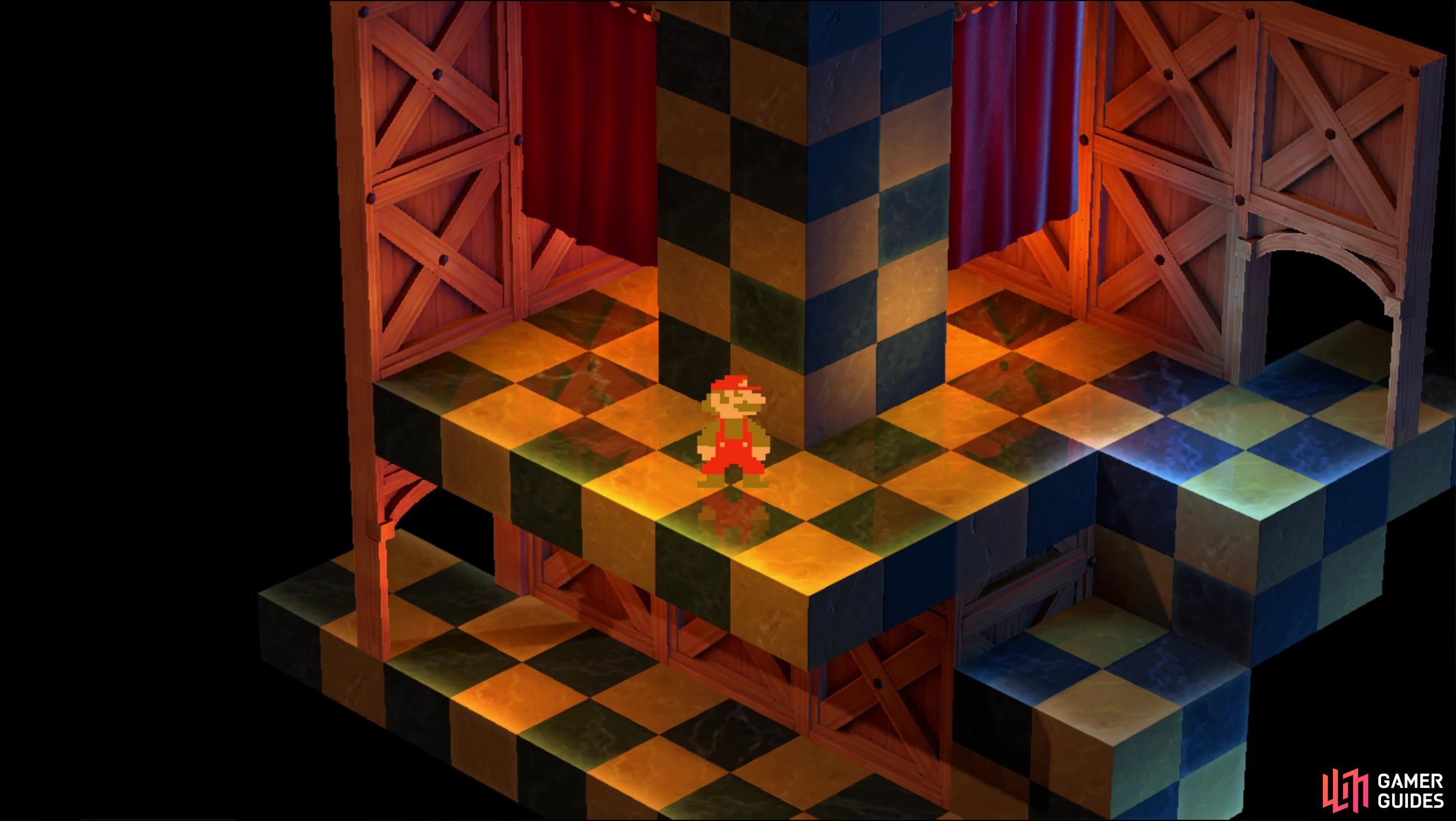 On the next floor you'll find an Easter egg - go through some curtains and Mario will adopt a more… retro look.
