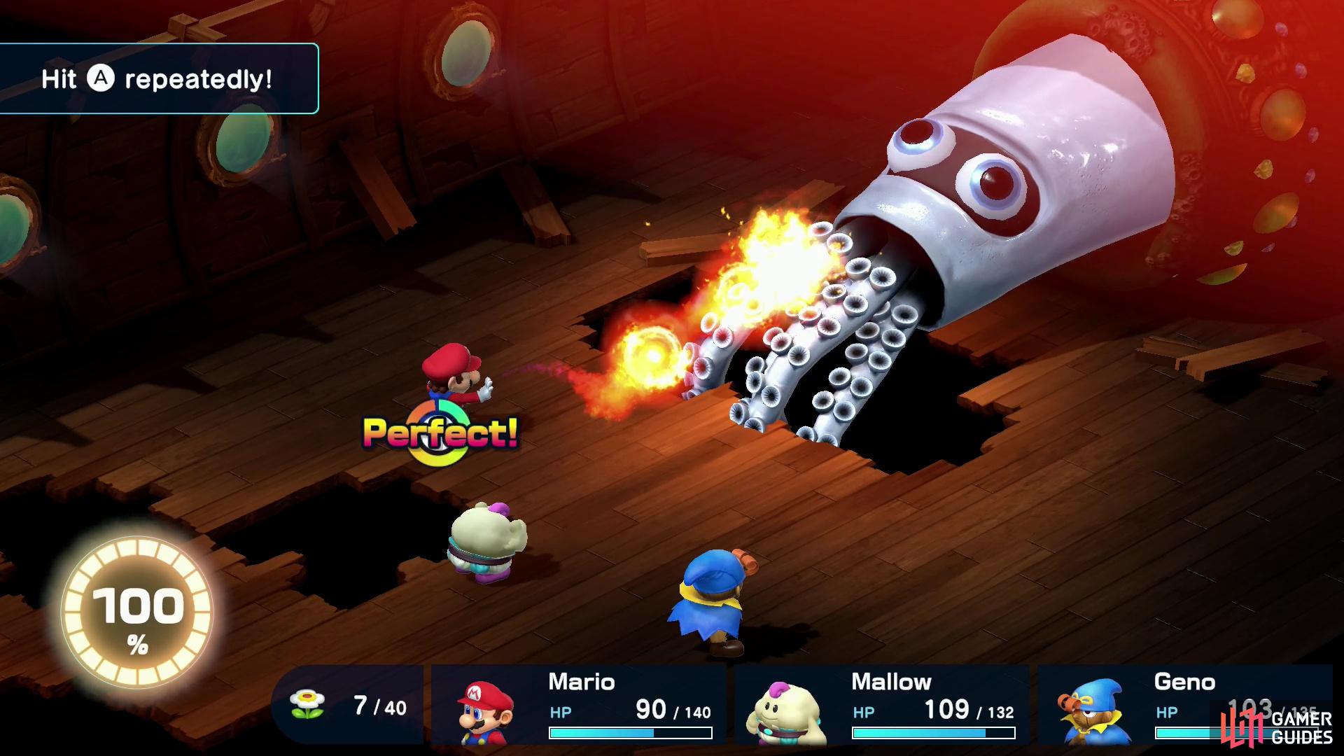Exploit King Calamari’s weakness to fire with Mario’s Super FIreball attack.