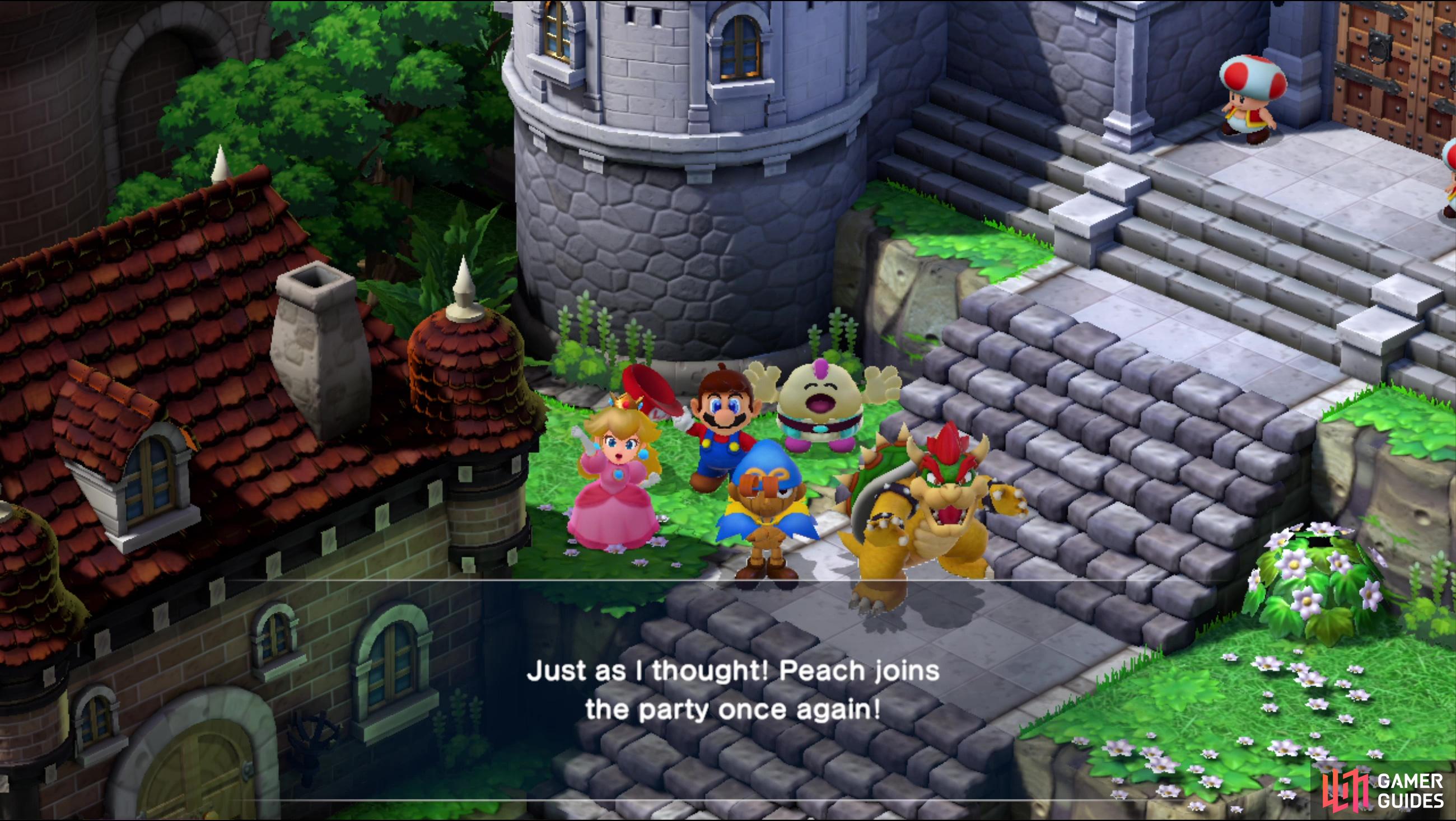 Return to the Mushroom Kingdom and after quite a bit of chatter, Peach will join your party.