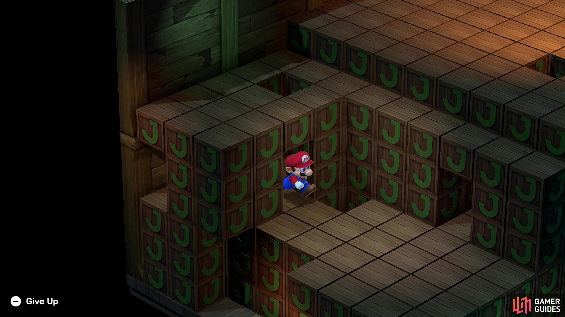 Turn southwest and navigate around a corner, then continue southwest until you spot Mario near another opening in the maze.