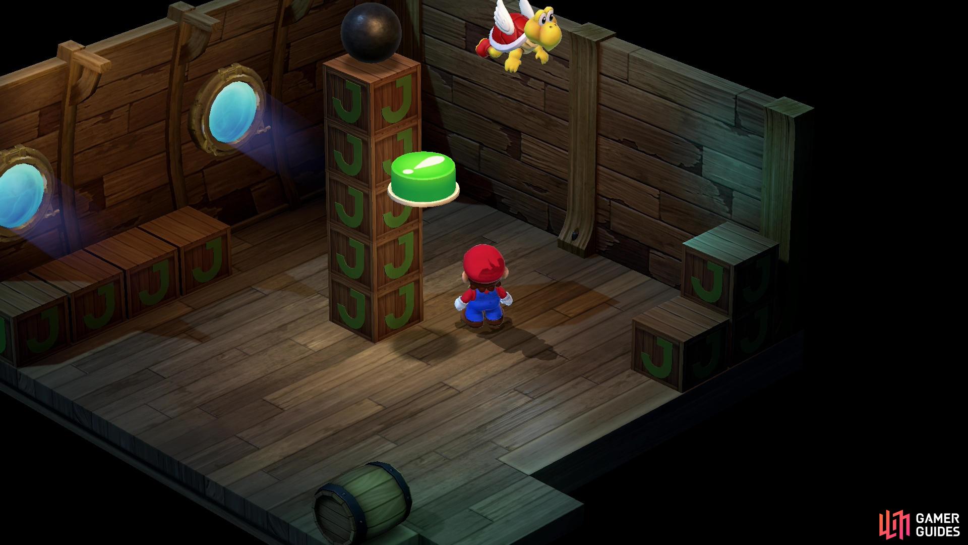 The first puzzle consists of a cannonball on some crates, a Koopa Troopa, and a button in need of some pressing.
