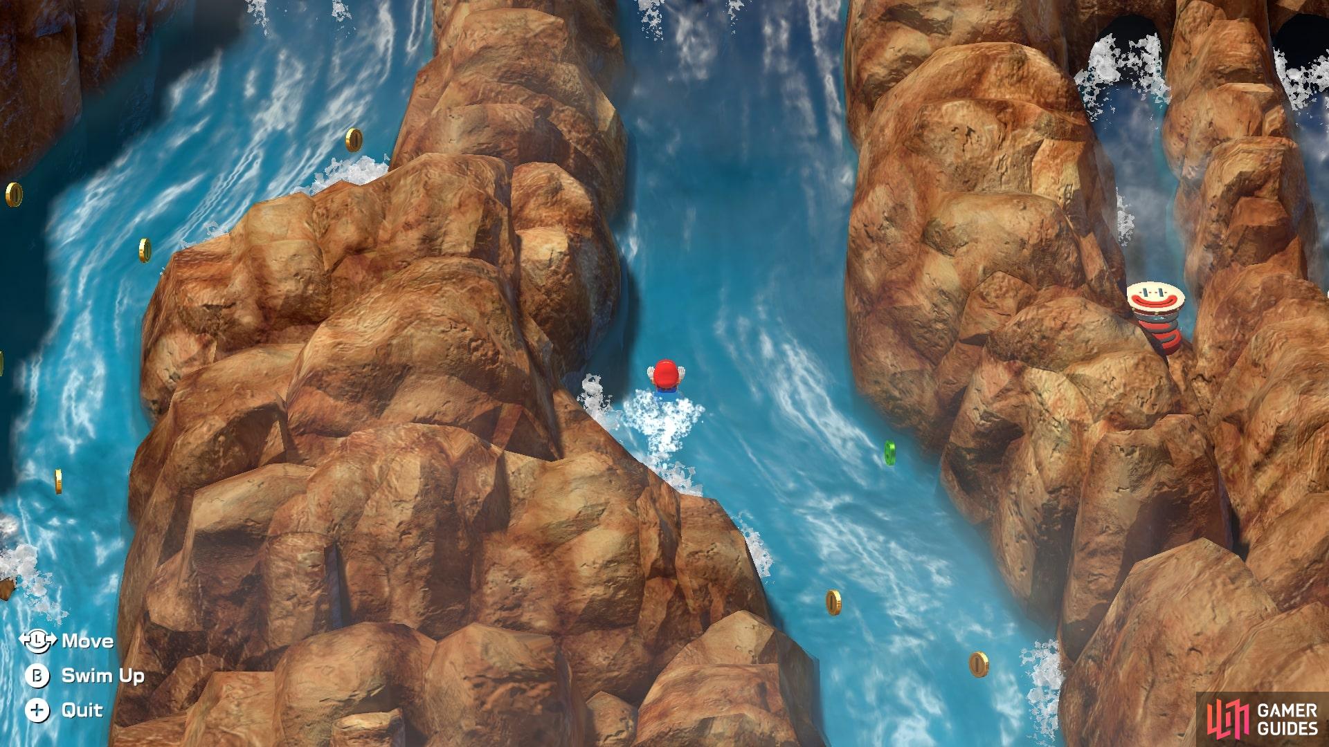 Swim up the waterfall while moving right and left to collect coins.