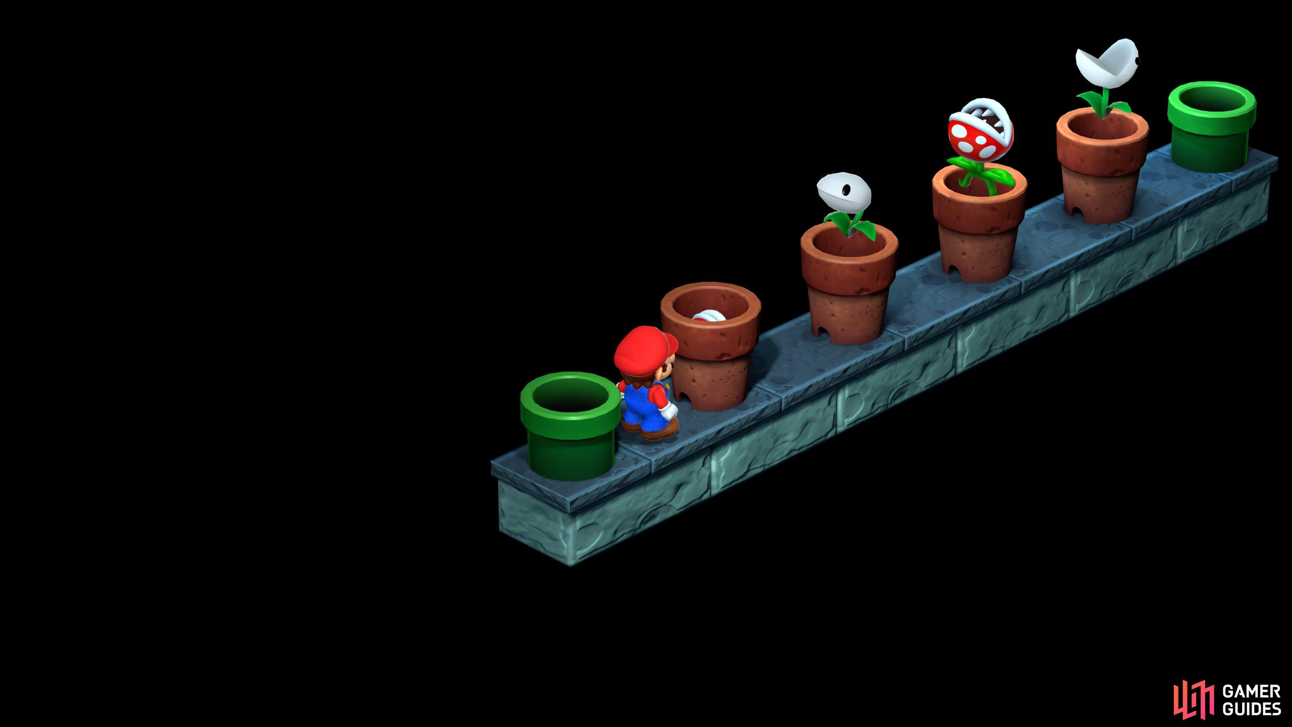 Use the brown pots to jump over the white flowers and take the pipe down at the end.