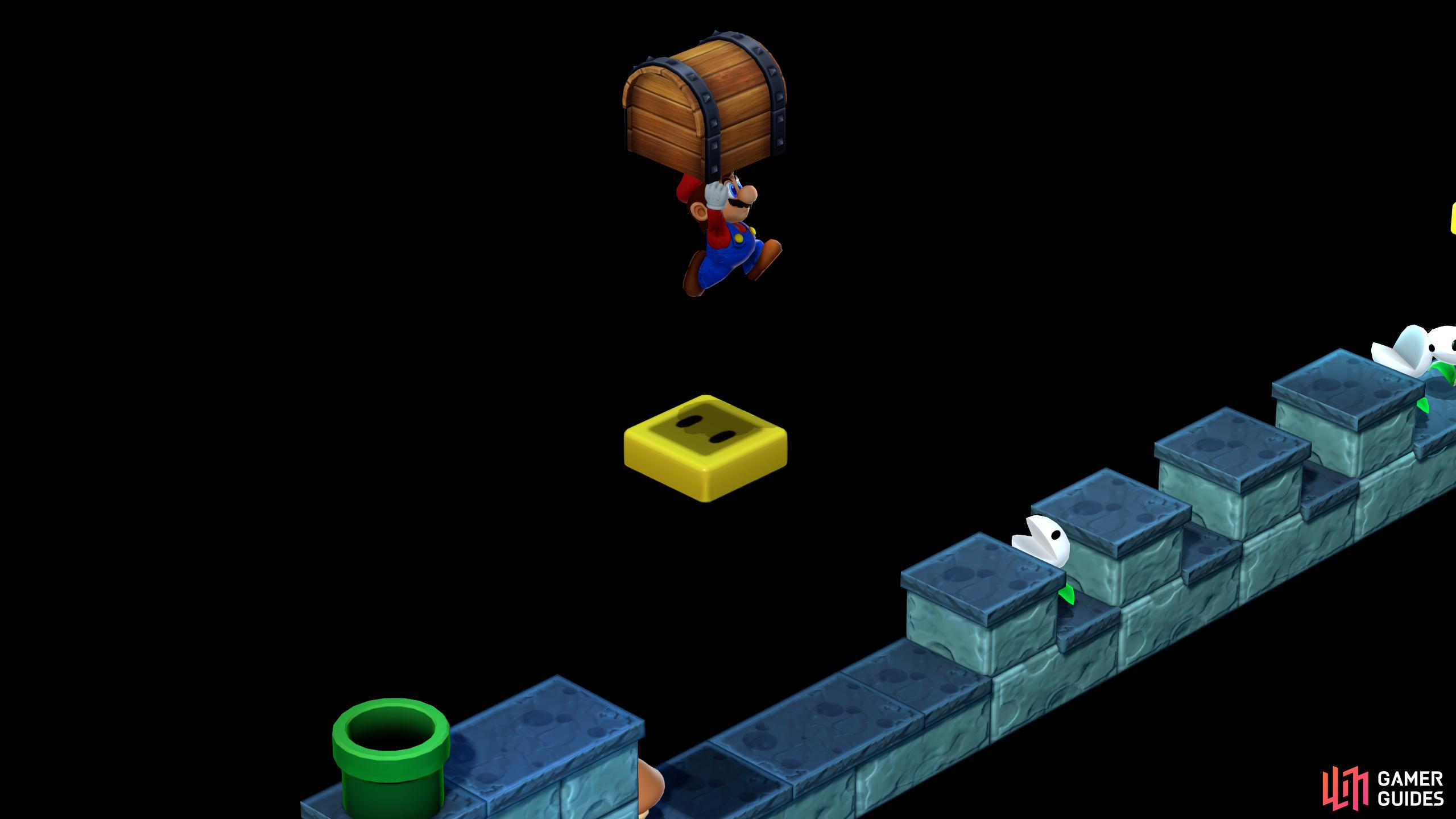 In the next room, jump on the yellow block and jump to reach the chest.