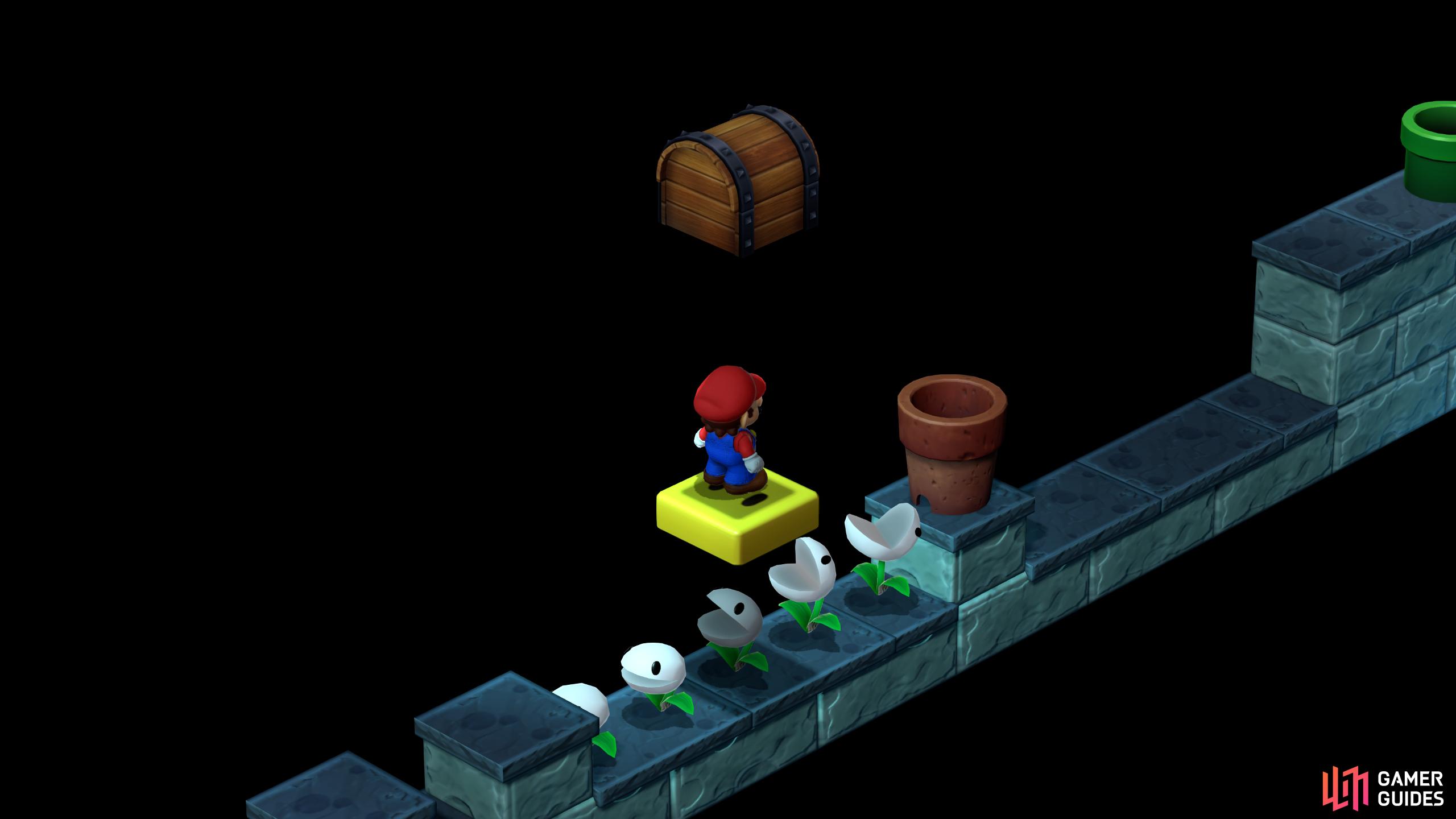 A bit further, jump on the yellow block and jump at the chest multiple times for 20 coins.