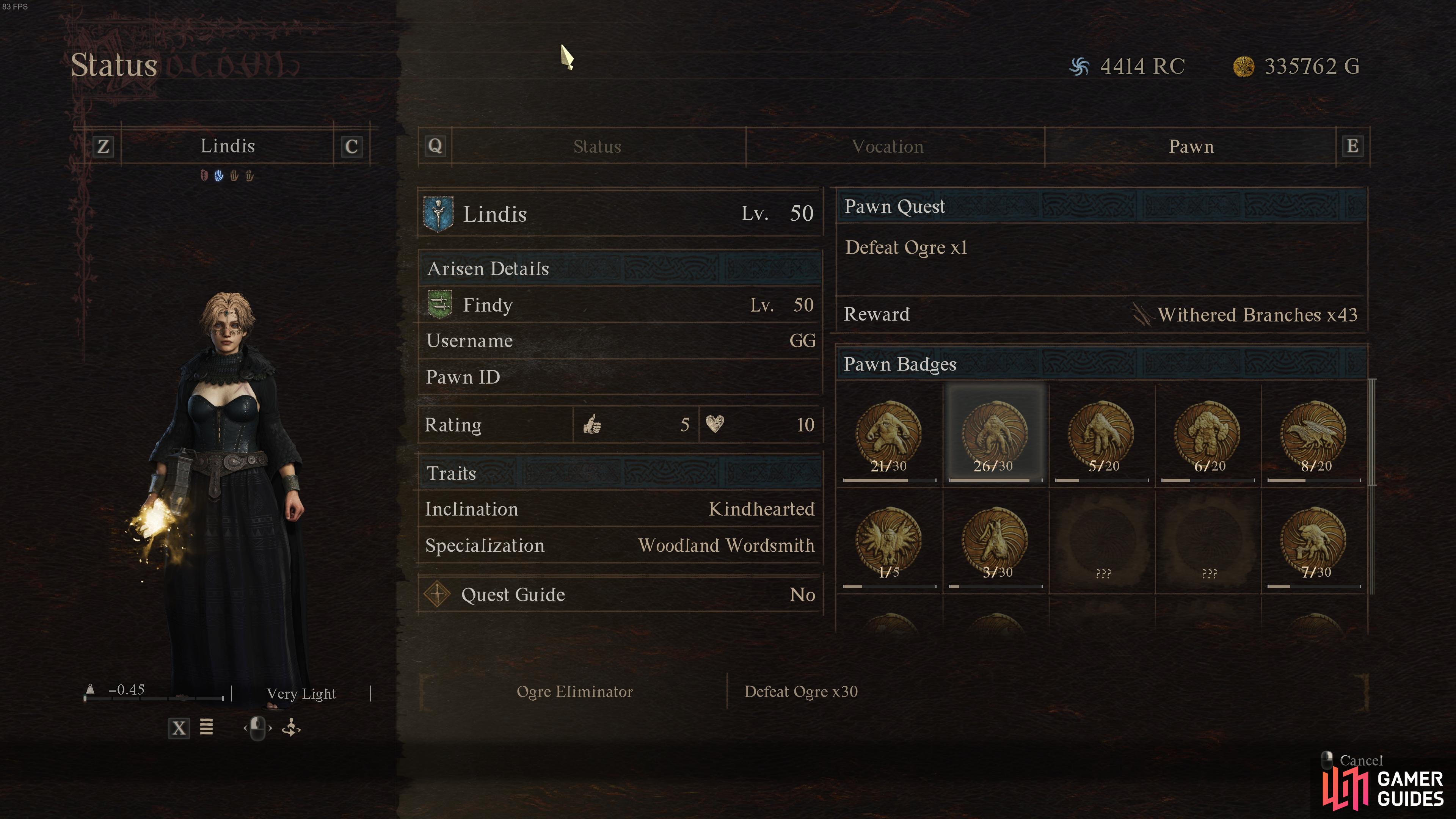 You can check your pawn’s status sheet to see the progress of their badges.