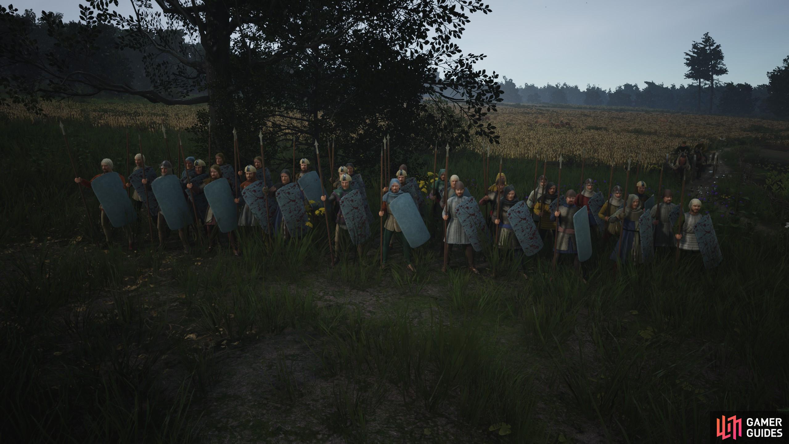 Spearmen with large shields are arguably the best militia in Manor Lords.