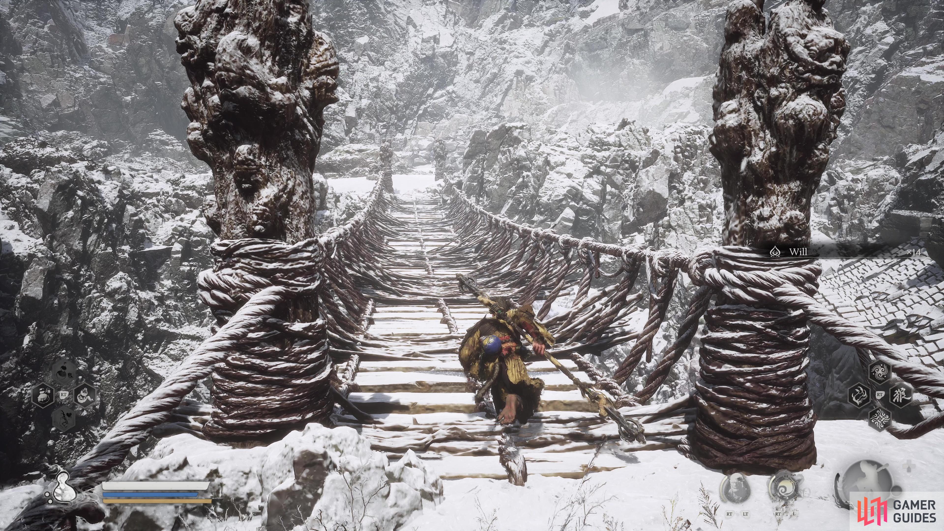 Cross the bridge to the right of the Snow-Veiled Trail in the Pagoda Realm.