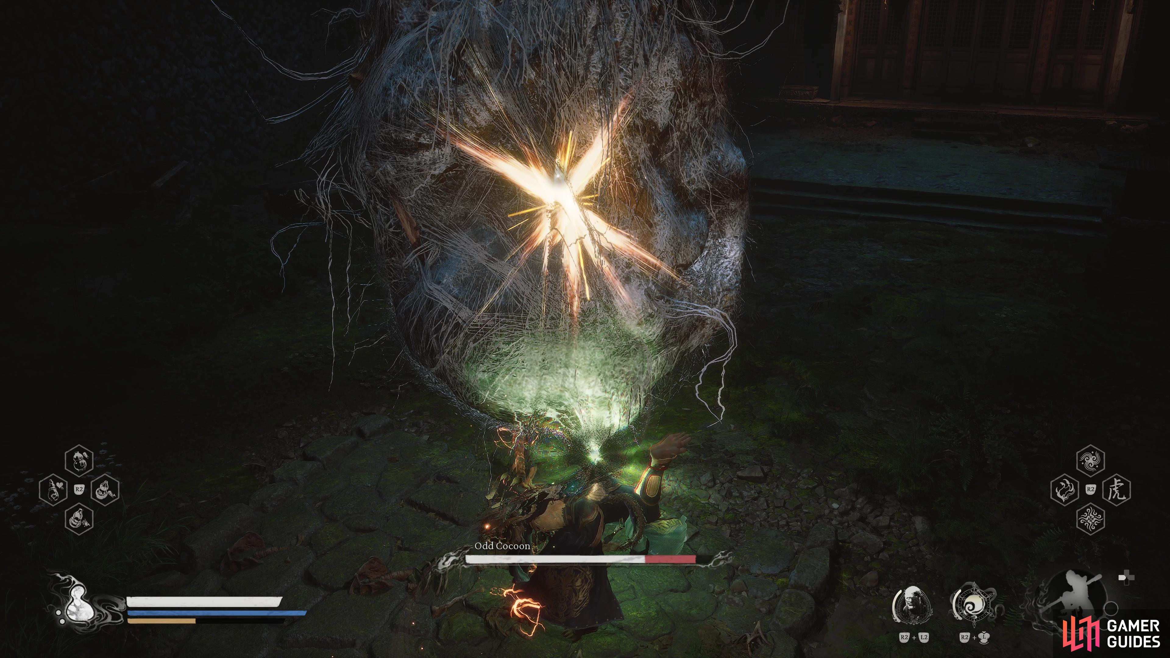 Go up to the right of the Shrine and attack the Odd Cocoon at the end.