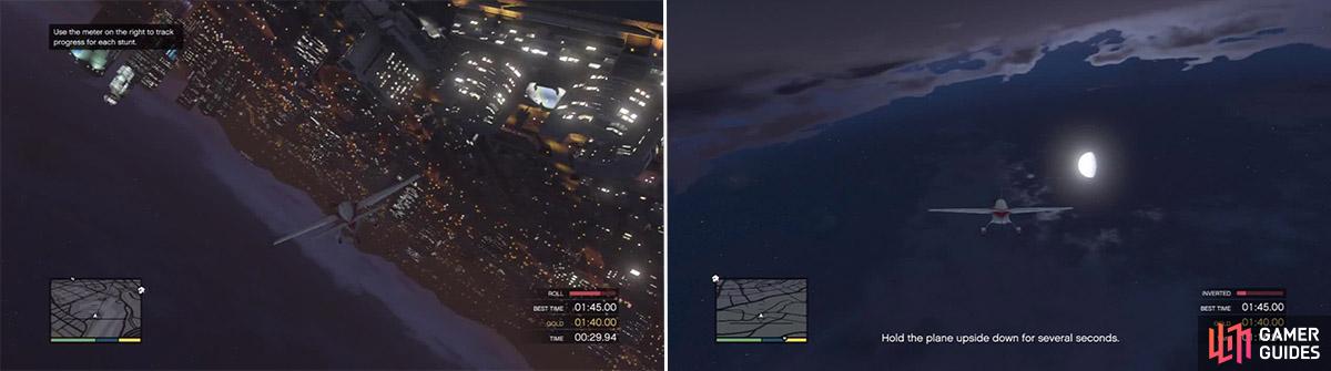 The stunt meter is an excellent way to gauge how much further you must go to complete the stunt (left). Flying upside down is weird. The controls are reversed so don’t try and do the same thing or you’ll plummet into the ground and make a nice pancake on the floor (right).