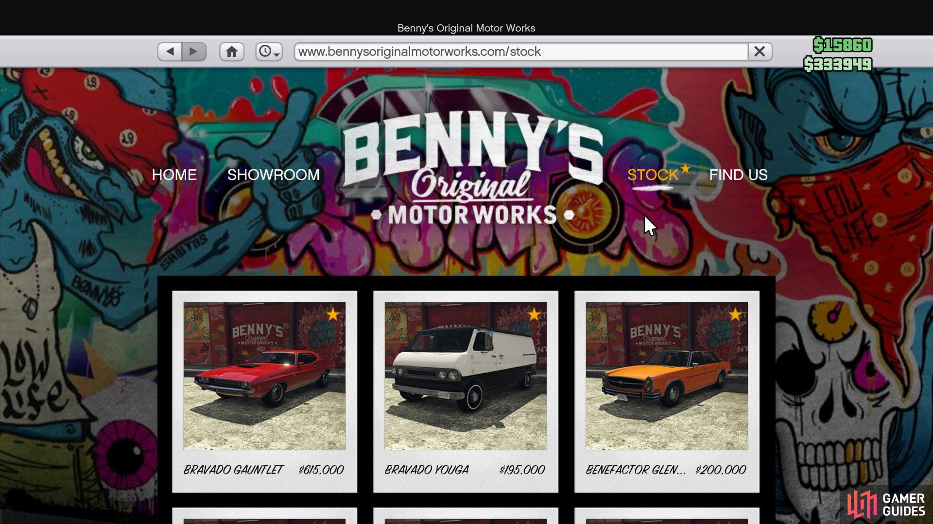 You can see the list of Benny’s Vehicles via the website.