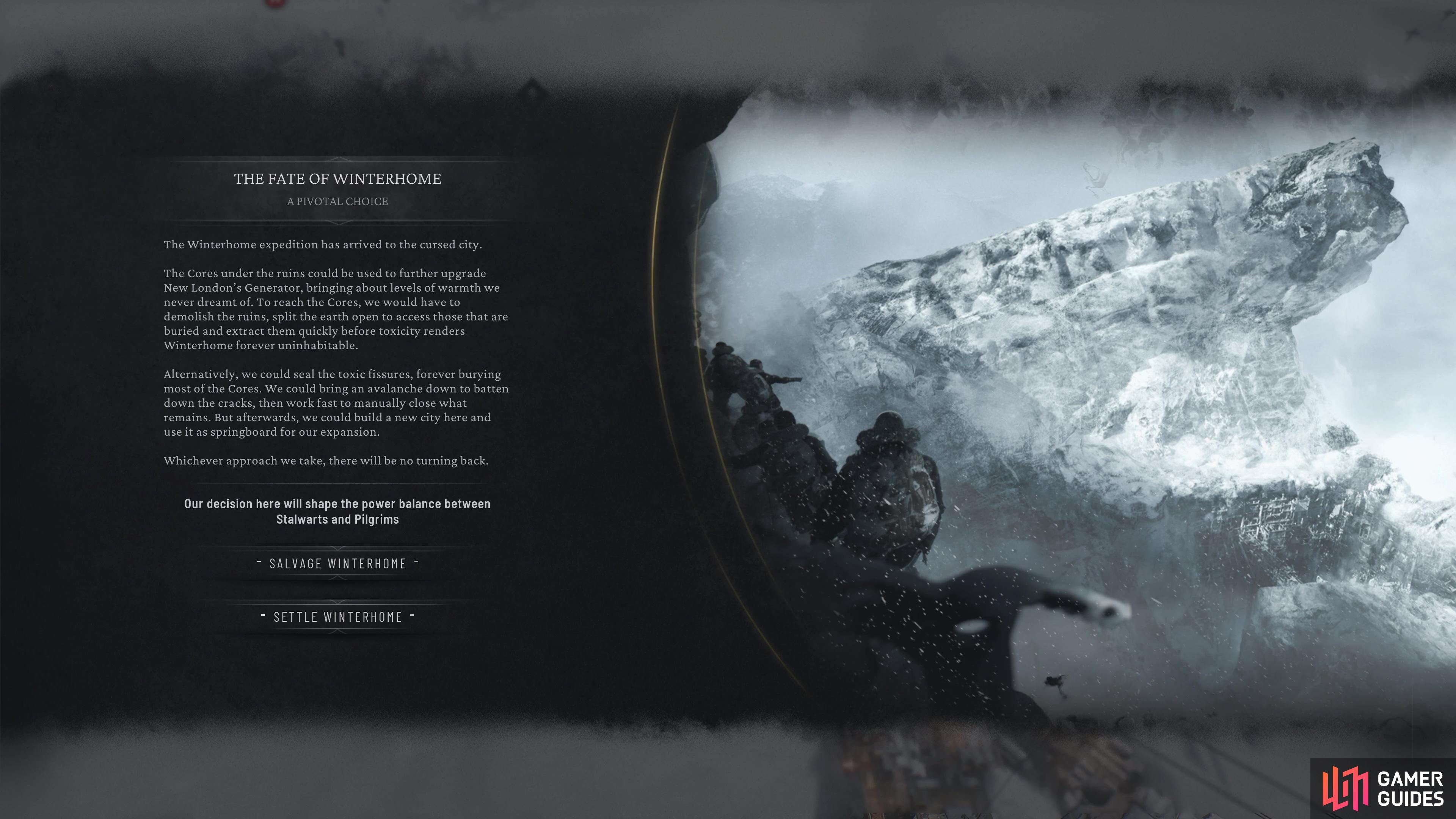 You will have to make the major choice of salvaging or settling Winterhome in Chapter 3 of Frostpunk 2.