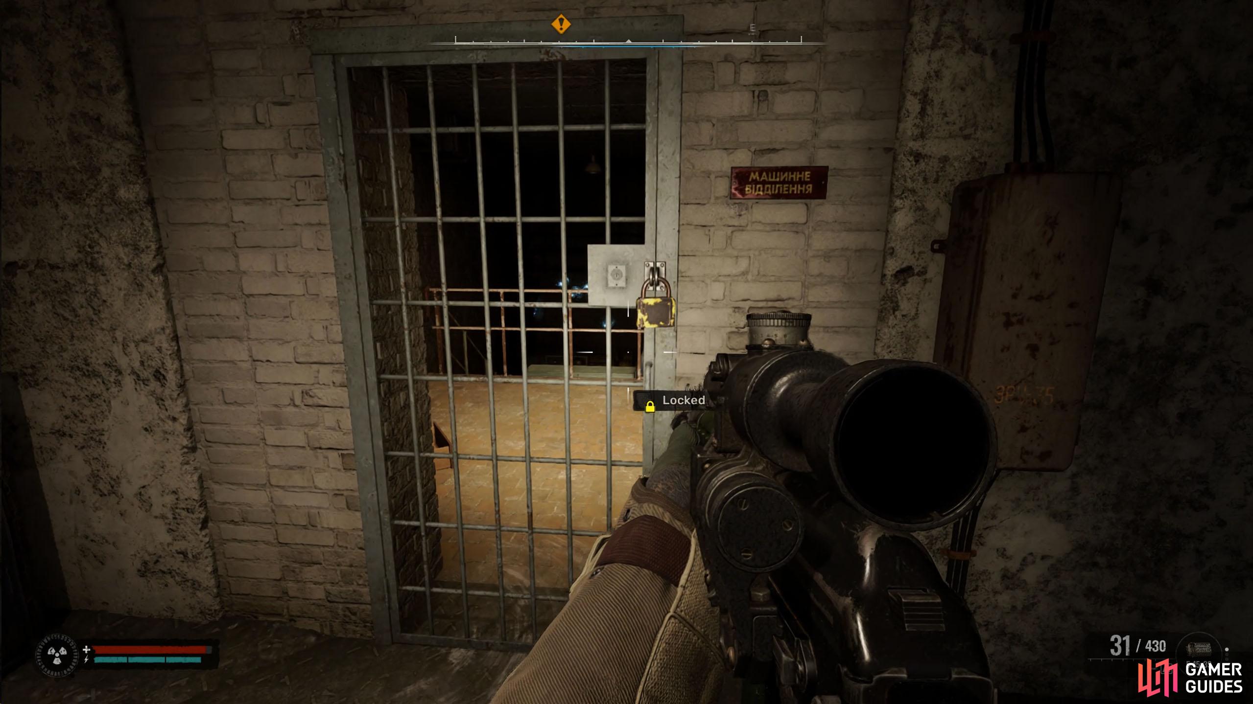 Shoot the padlock to gain access to the room.
