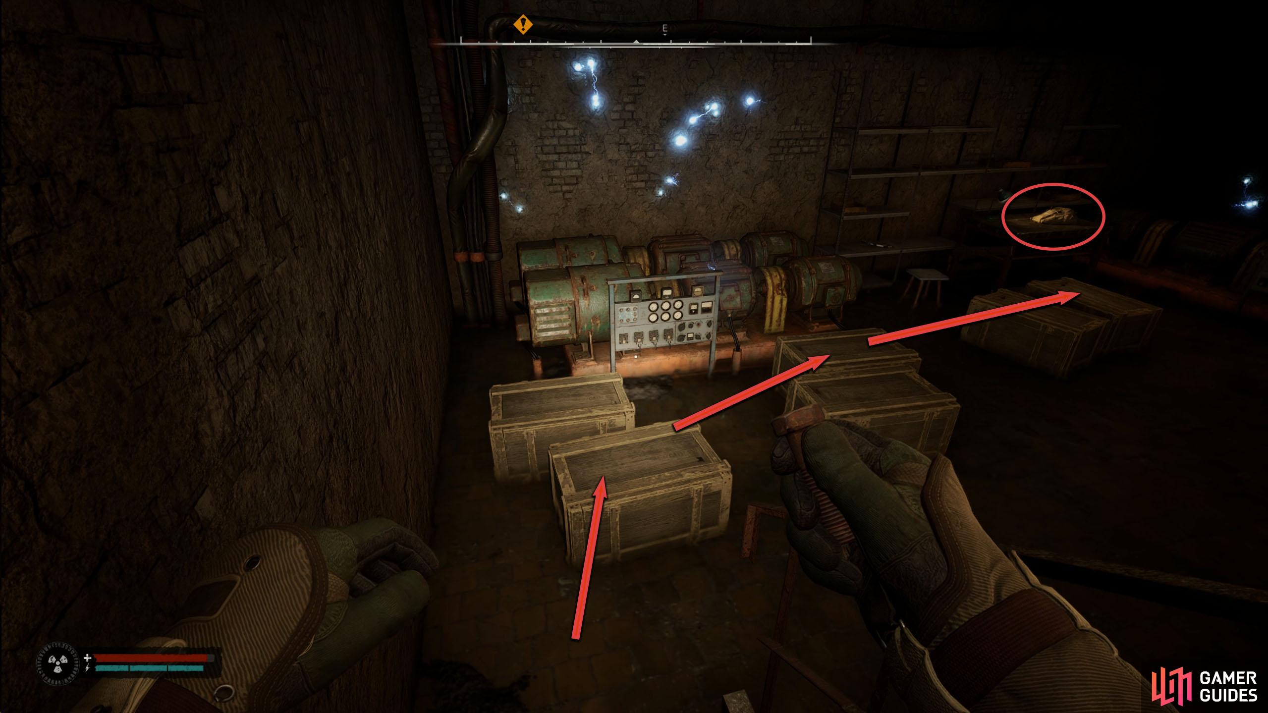 Jump across the crates to the backpack to avoid getting electrocuted.