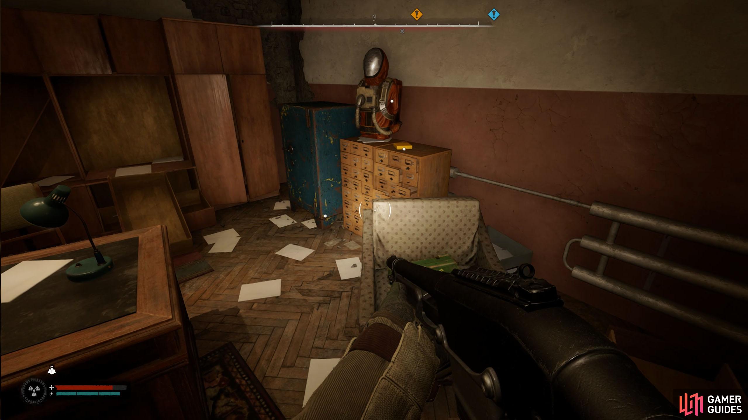 The armor will be on top of the file cabinet, next to the stash.