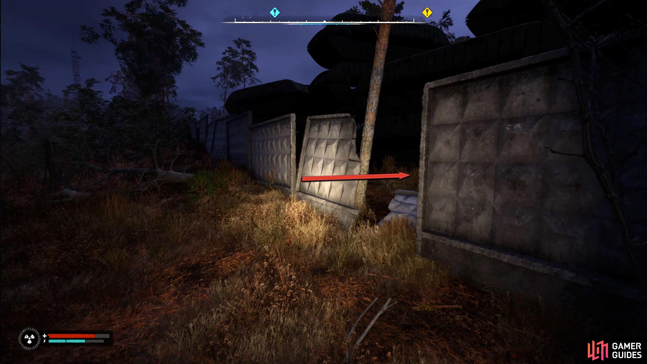 Follow the objective marker until you hit a wall before going through the gap to your left.